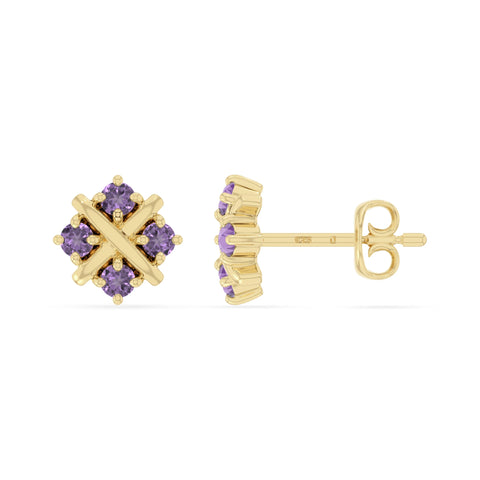 natural amethyst flower stud earrings in yellow gold vermeil 