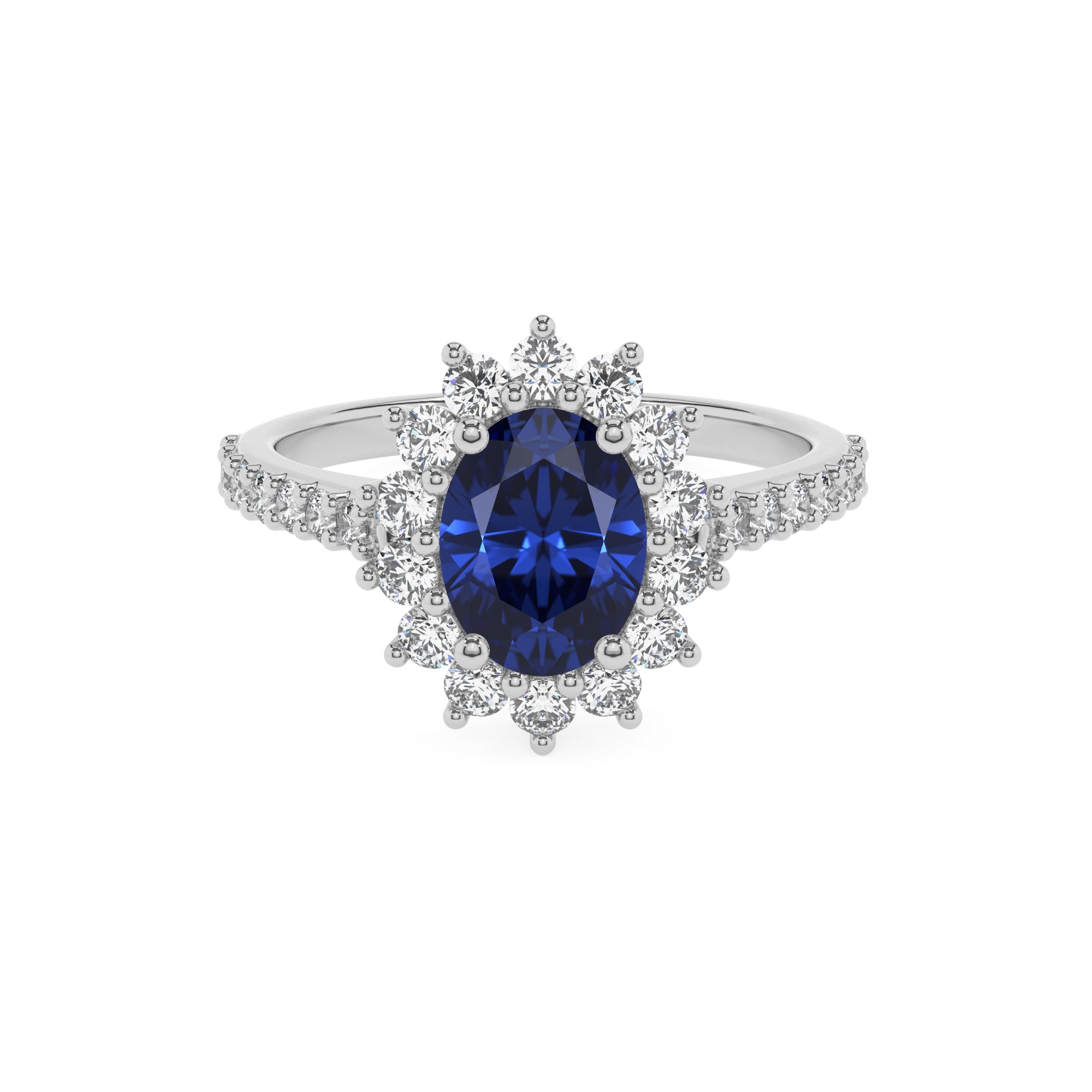 lab-grown blue-sapphire oval half eterity halo solitaire engagement ring