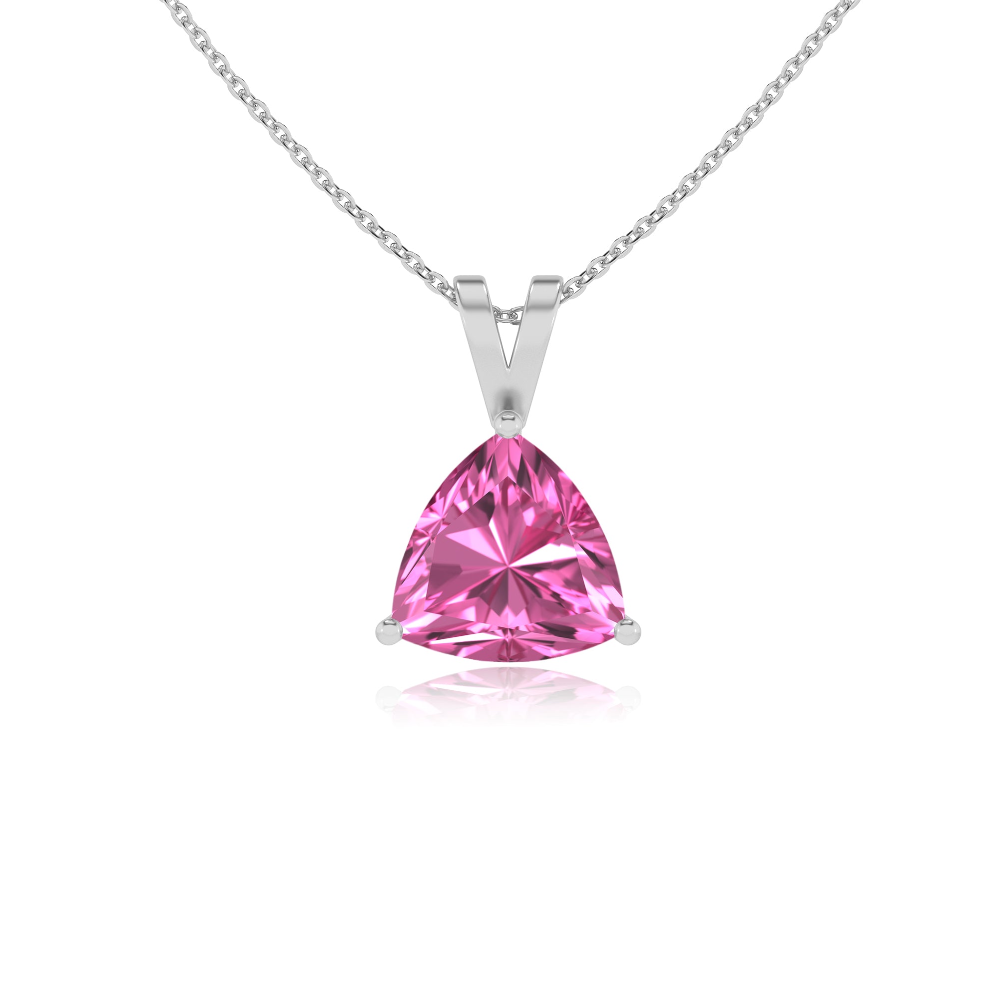 lab grown pink sapphire trillion shape solitaire v-bale pendant necklace