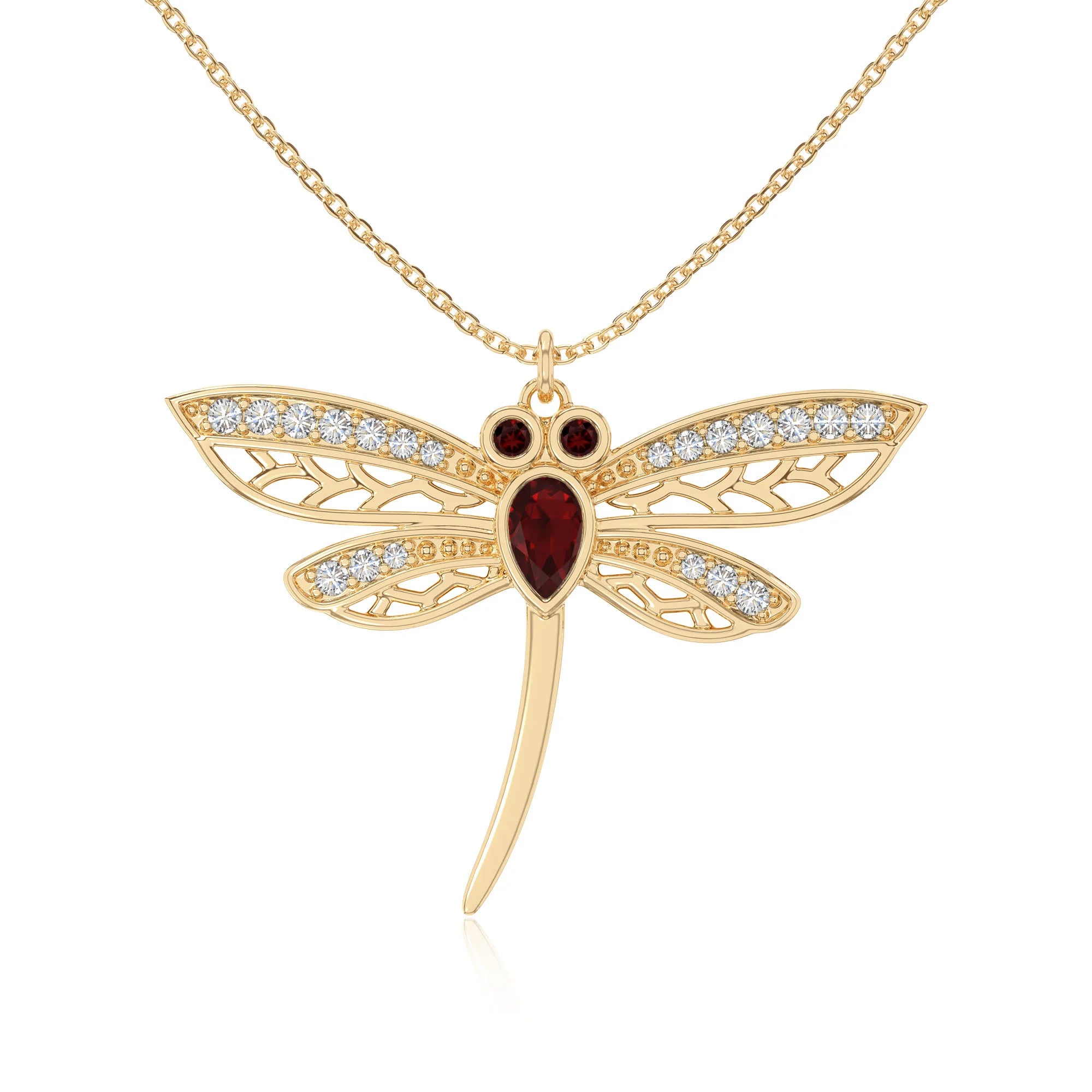 natural garnet dragonfly necklaces in yellow gold vermeil 