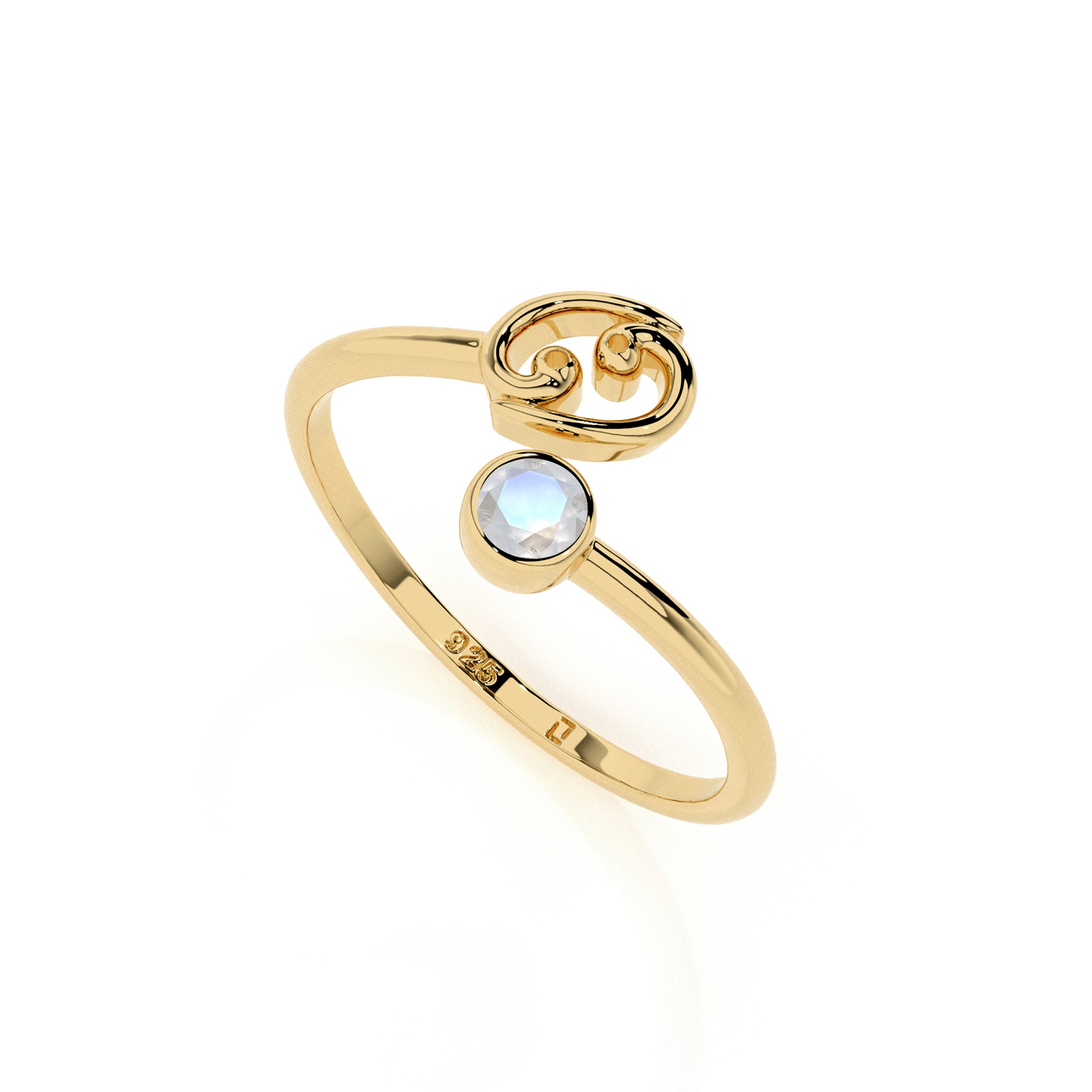 cancer zodiac ring with natural rainbow moonstone gold vermeil