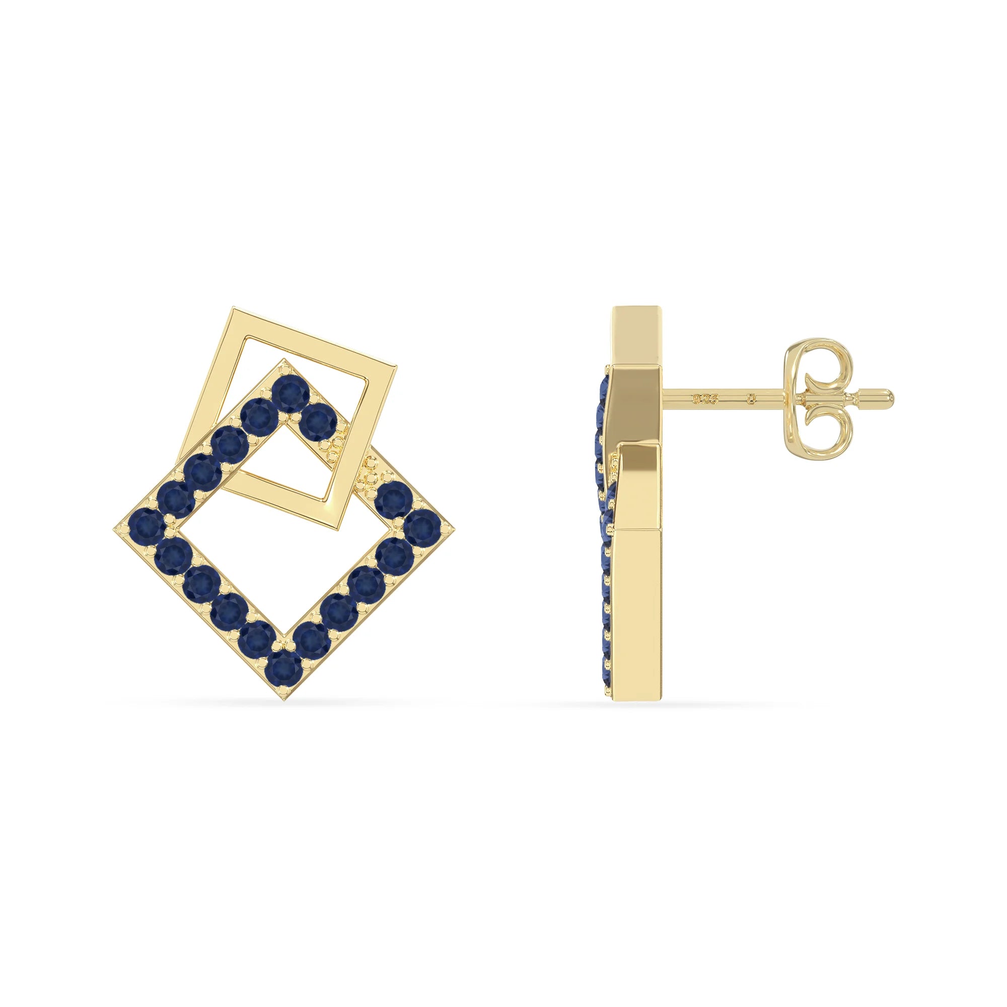 natural blue-sapphire square stud earrings in yellow gold vermeil 