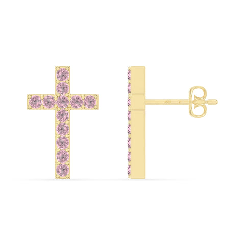 natural pink-tourmaline cross stud earrings in yellow gold vermeil 