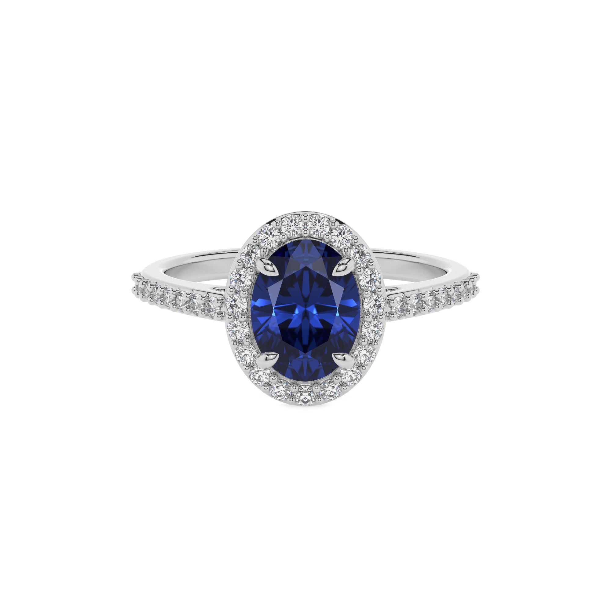 lab-grown blue-sapphire oval half eterity halo solitaire engagement ring