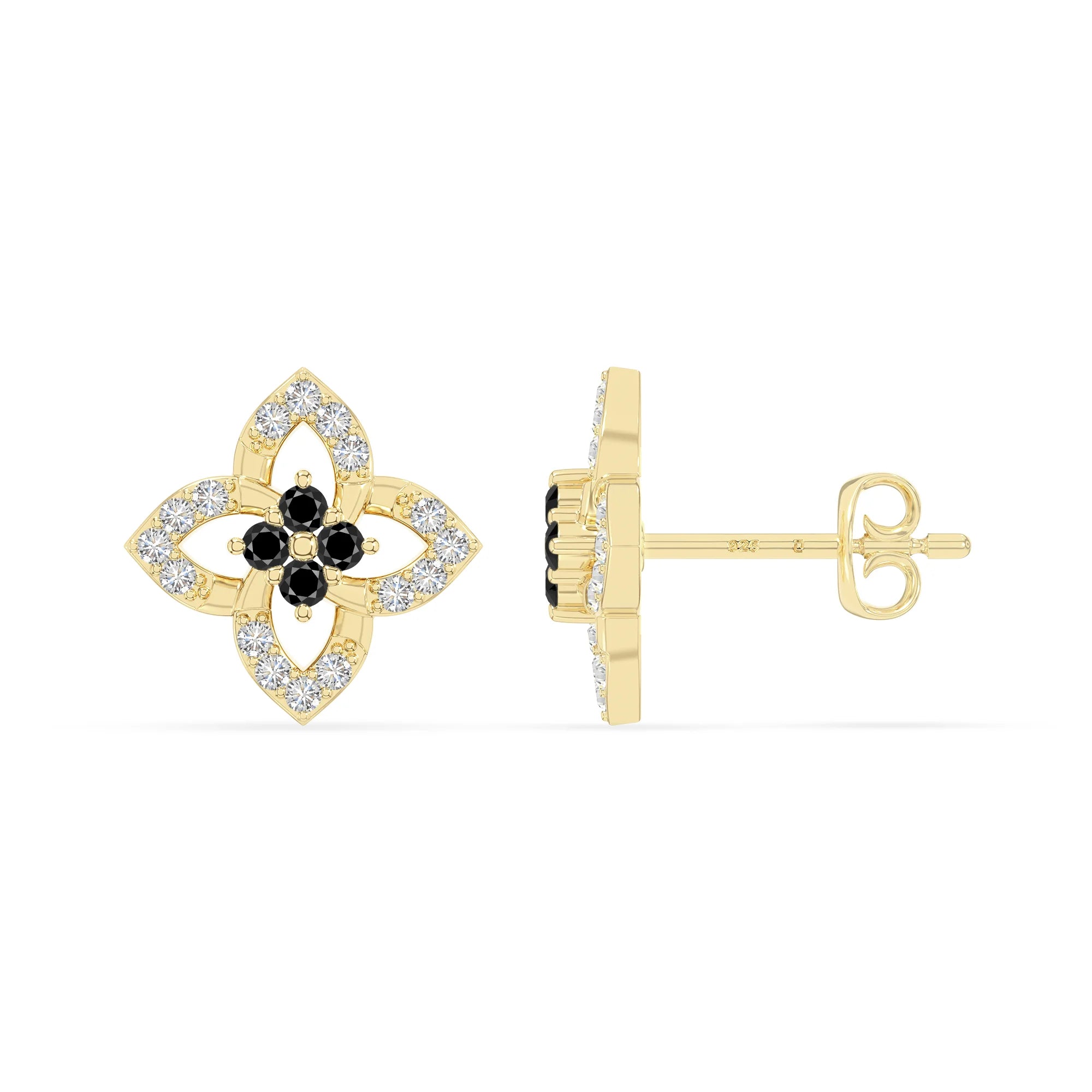 natural black-onyx 4 petal flower stud earrings in yellow gold vermeil 