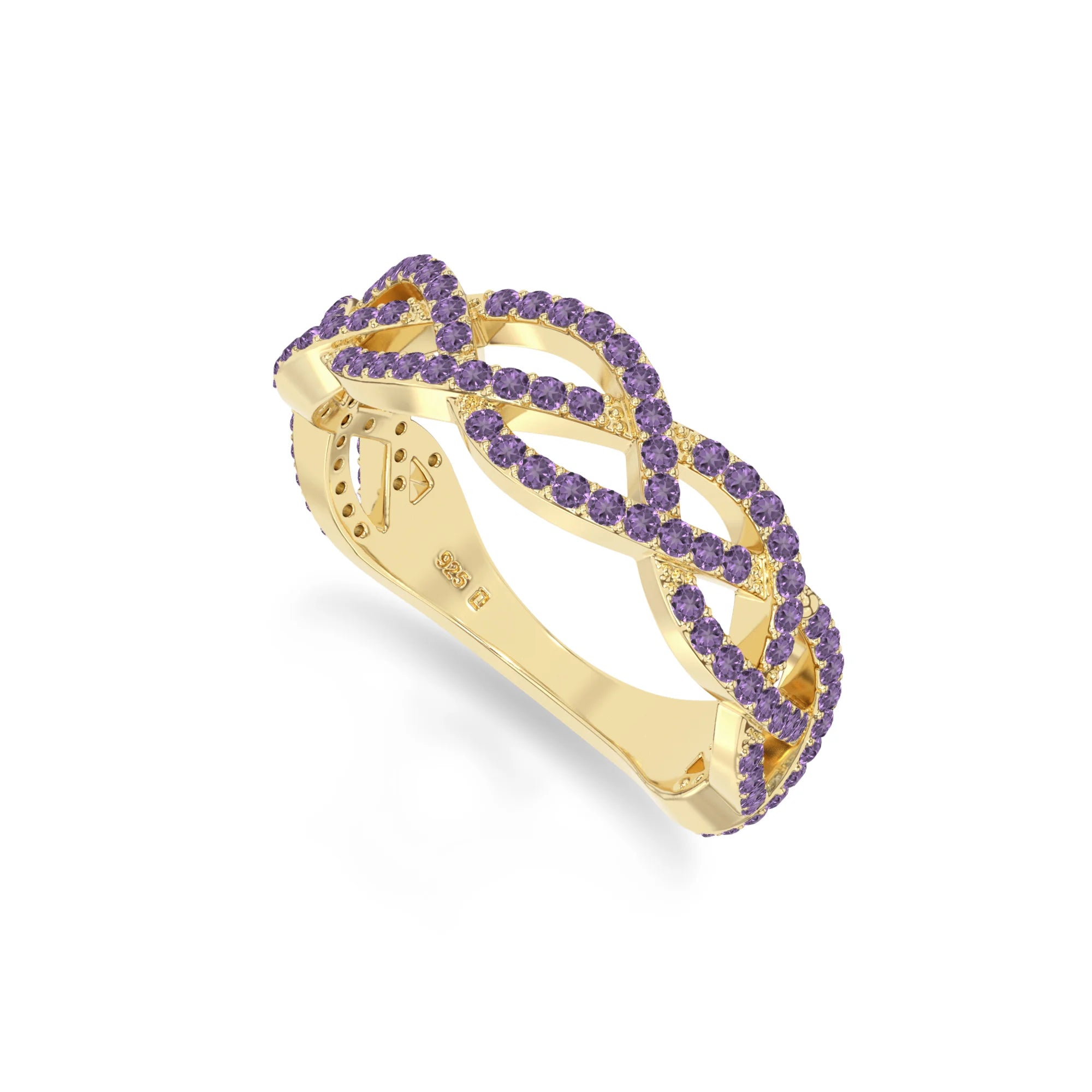 natural amethyst twisted braided wedding band rings in yellow gold vermeil