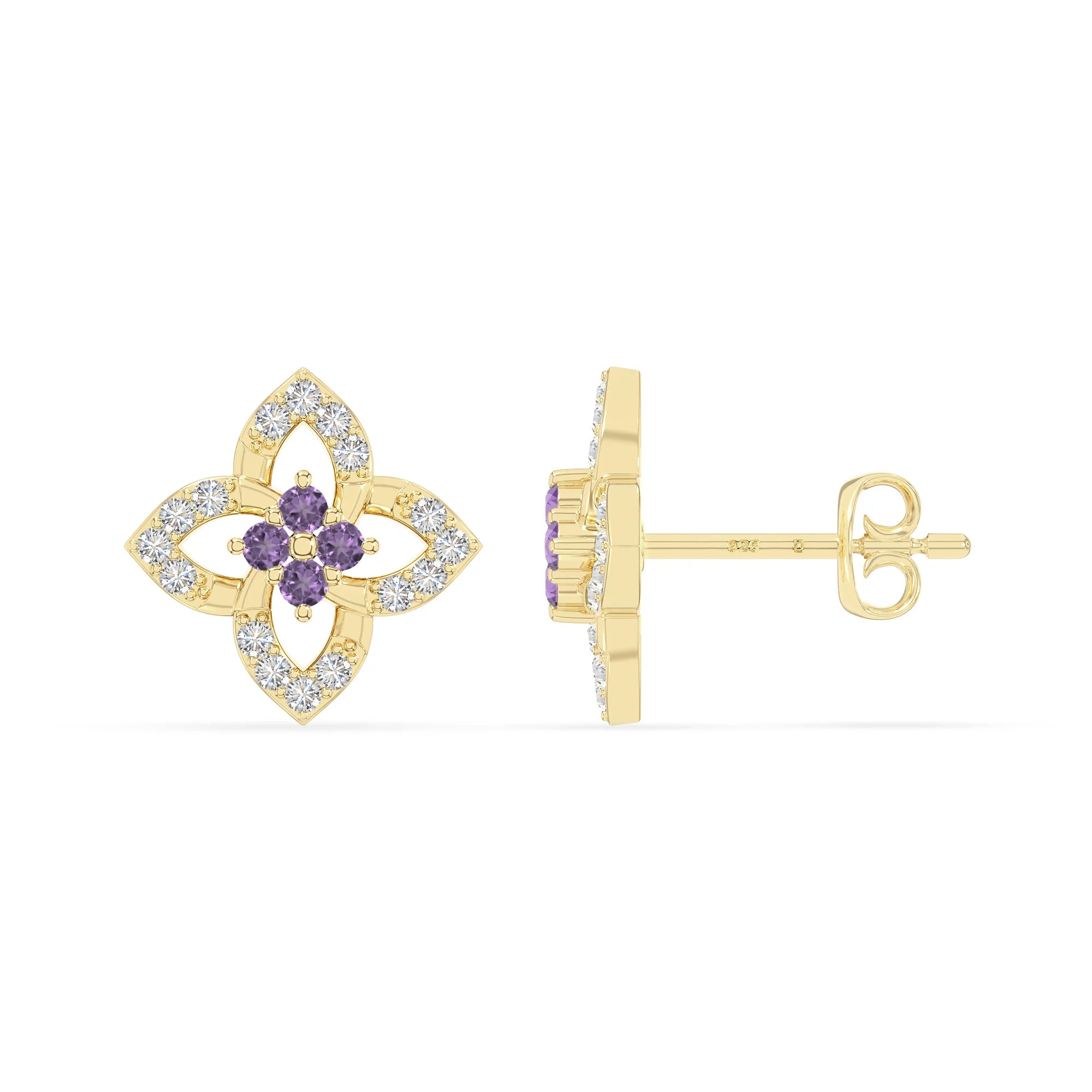 natural amethyst 4 petal flower stud earrings in yellow gold vermeil 