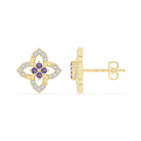 natural amethyst 4 petal flower stud earrings in yellow gold vermeil 
