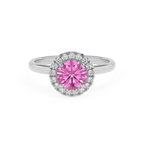 lab-grown pink-sapphire round halo solitaire engagement ring