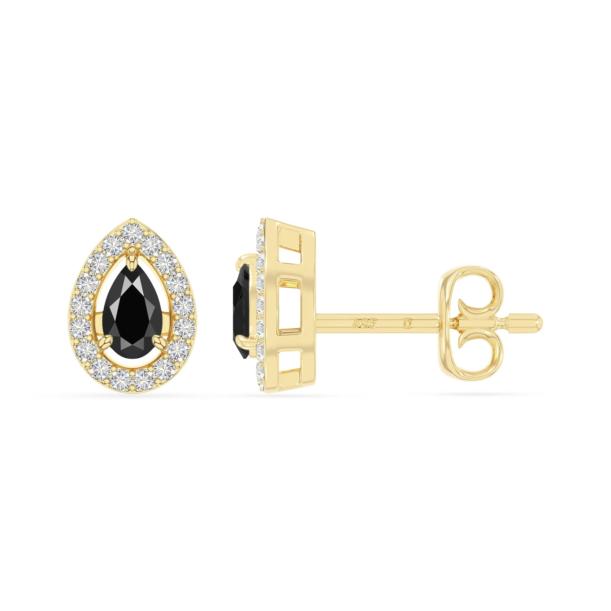 natural black-onyx halo stud earrings in yellow gold vermeil 
