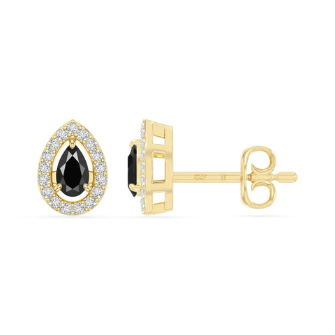 natural black-onyx halo stud earrings in yellow gold vermeil 