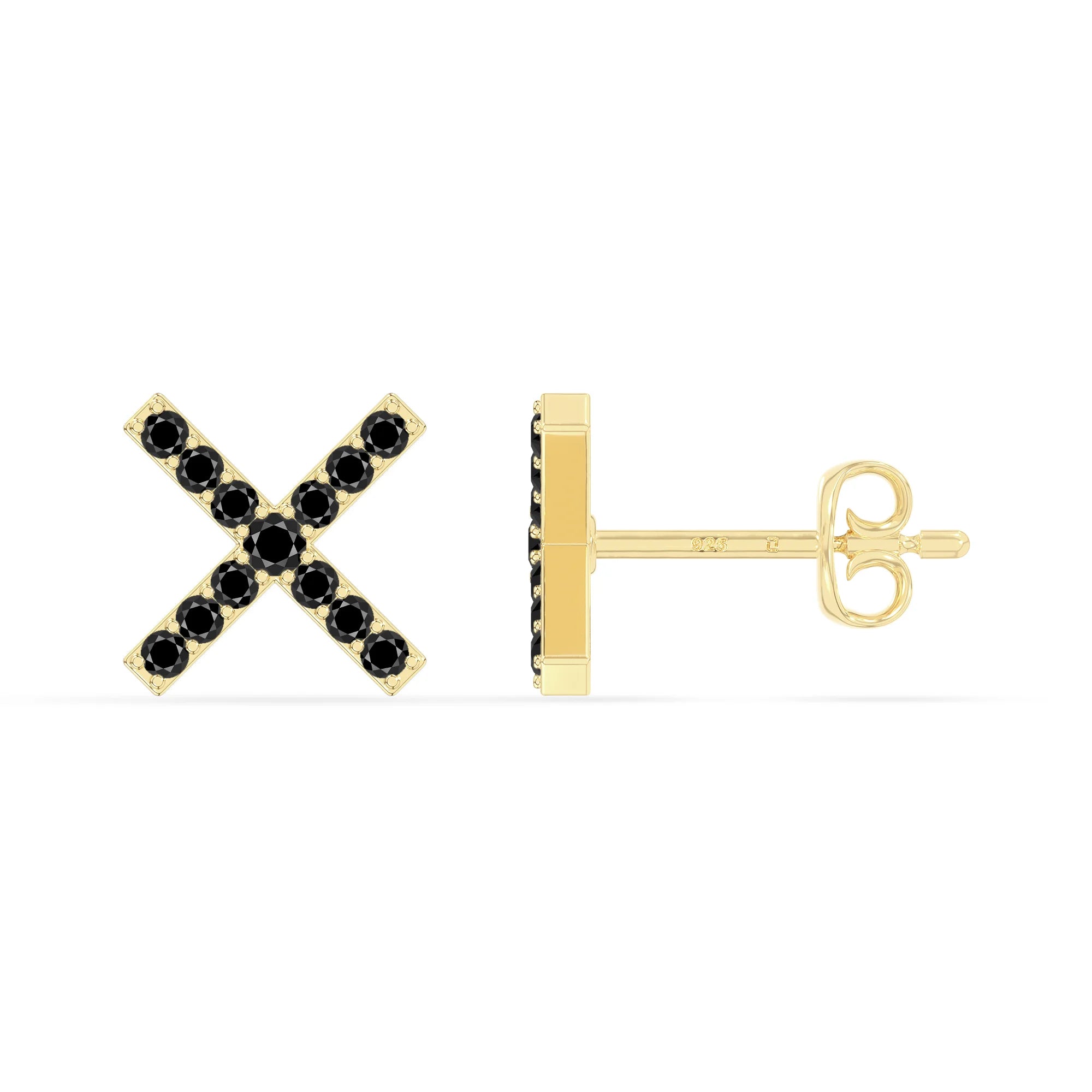 natural black-onyx x stud earrings in yellow gold vermeil 