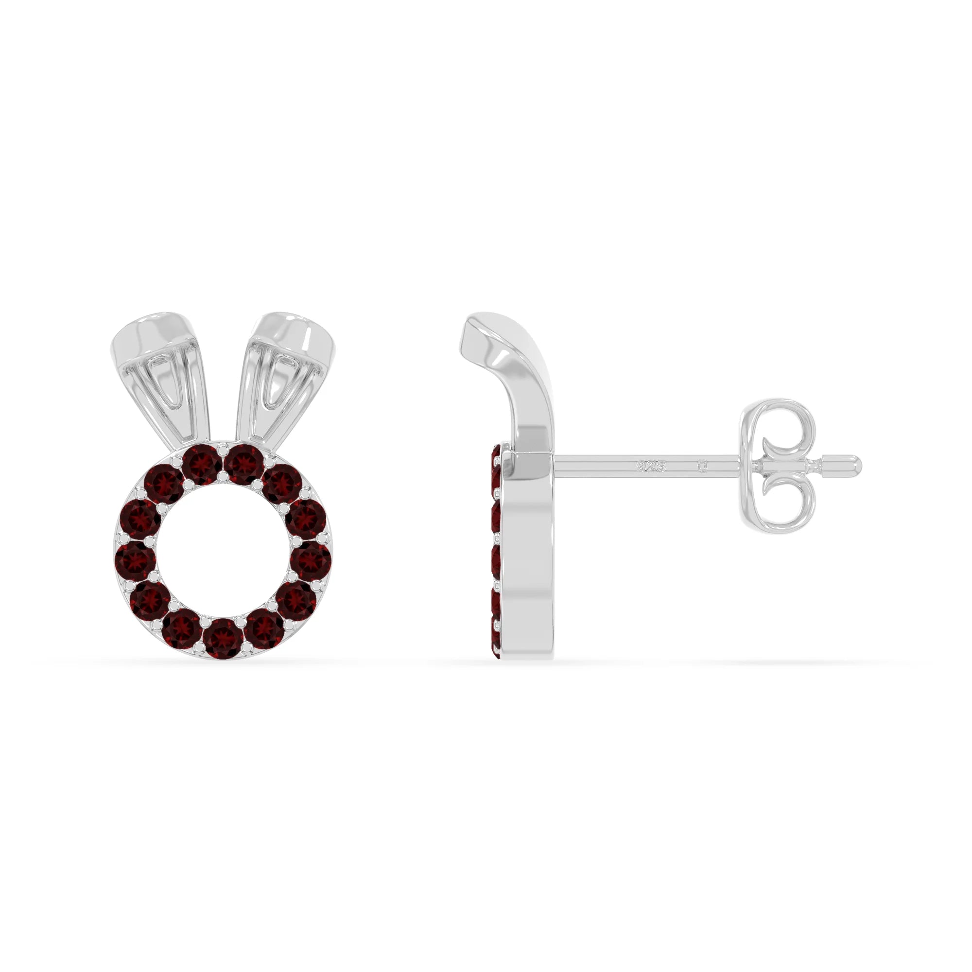 natural garnet bunny-rabit stud earrings in sterling silver 