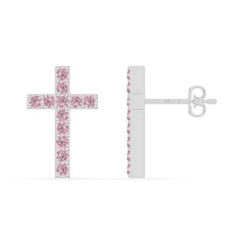 natural pink-tourmaline cross stud earrings in sterling silver 