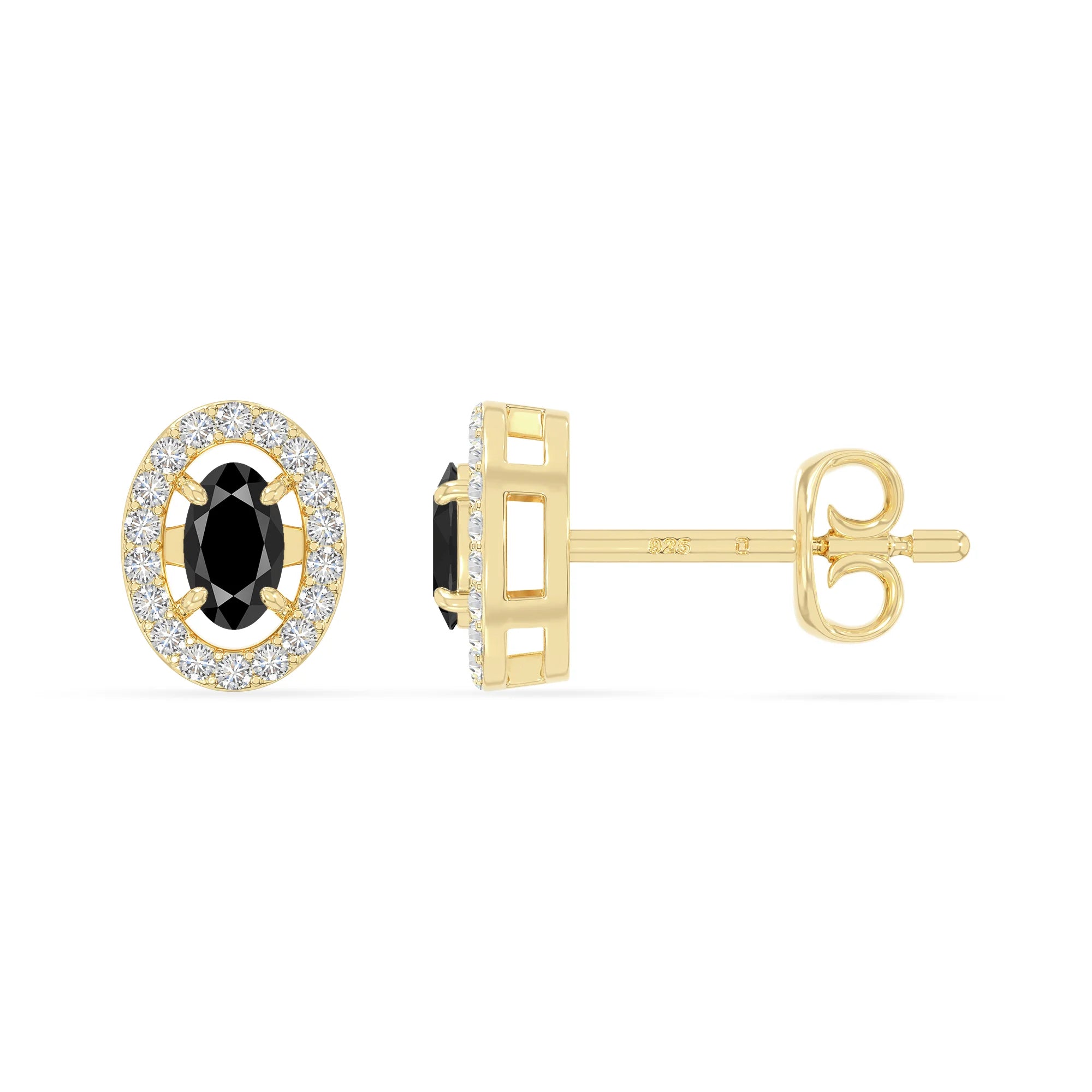 natural black-onyx halo stud earrings in yellow gold vermeil 