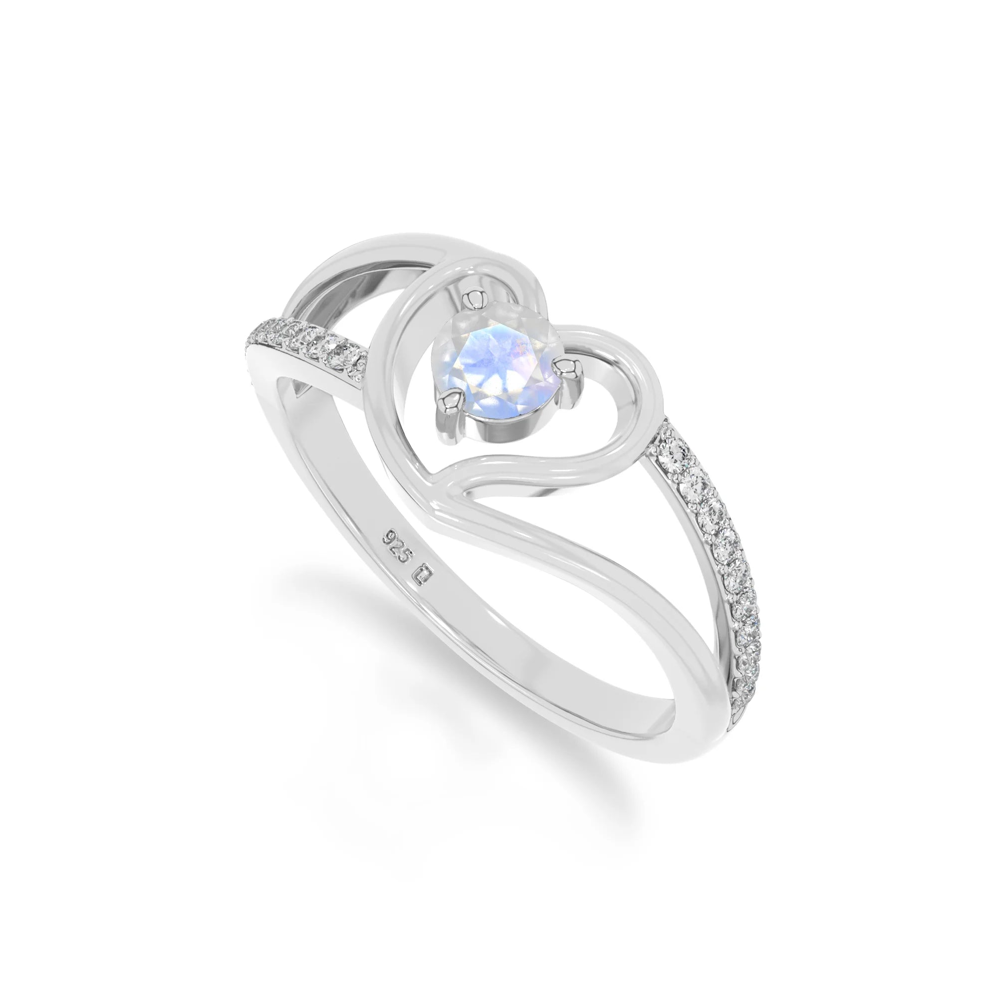 natural rainbow moonstone heart promise rings in sterling silver 