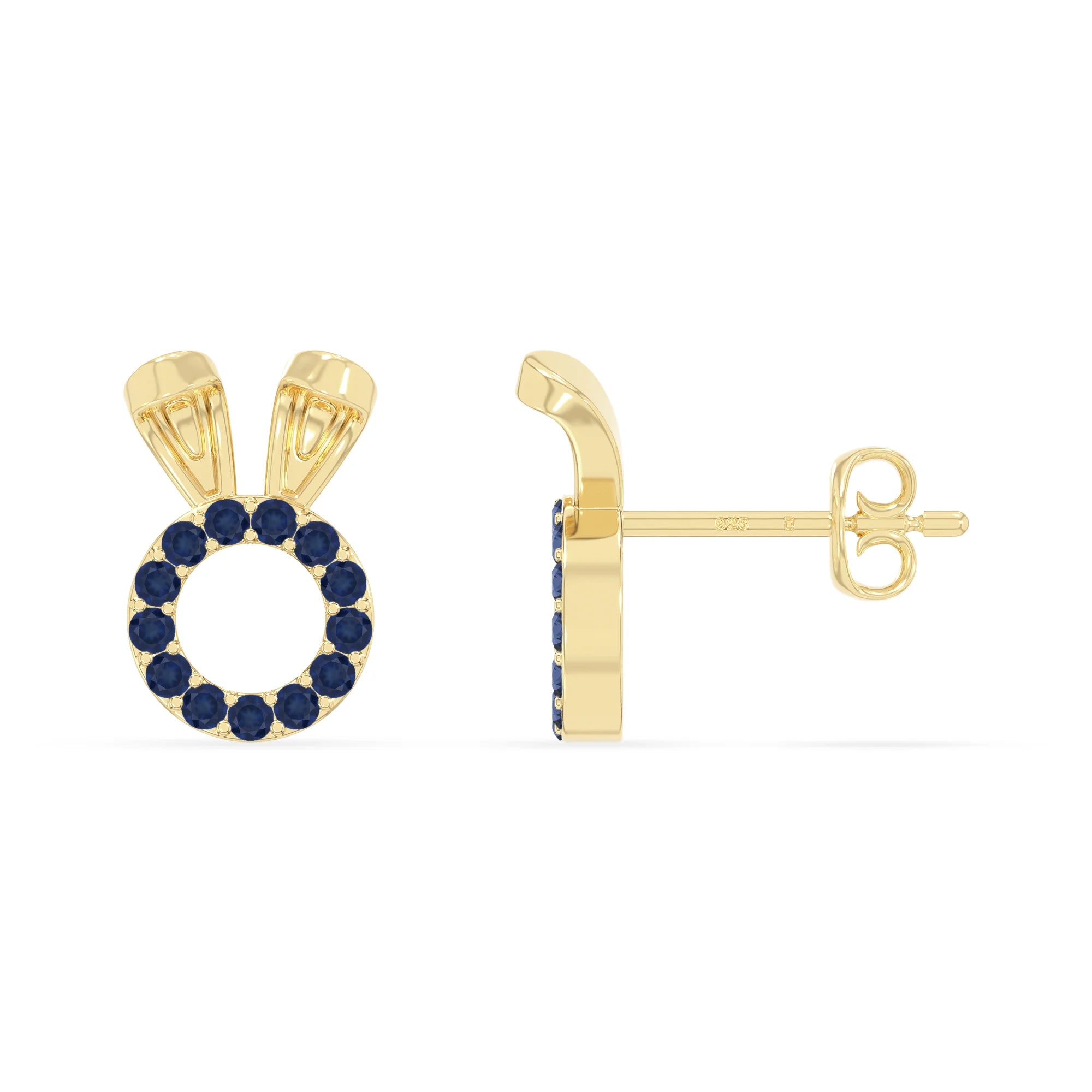 natural blue-sapphire bunny-rabit stud earrings in yellow gold vermeil 