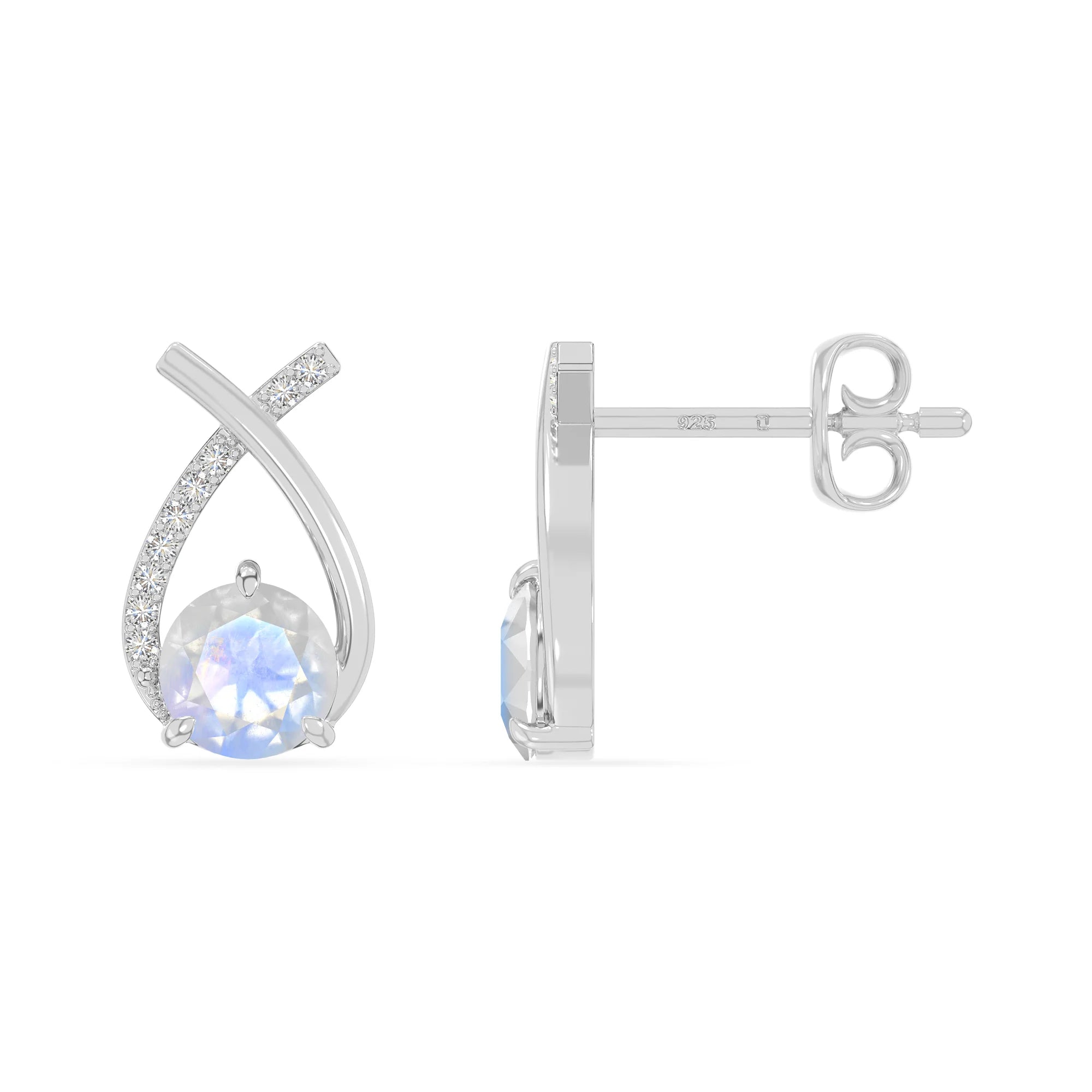 natural rainbow-moonstone fishtail stud earrings in sterling silver 