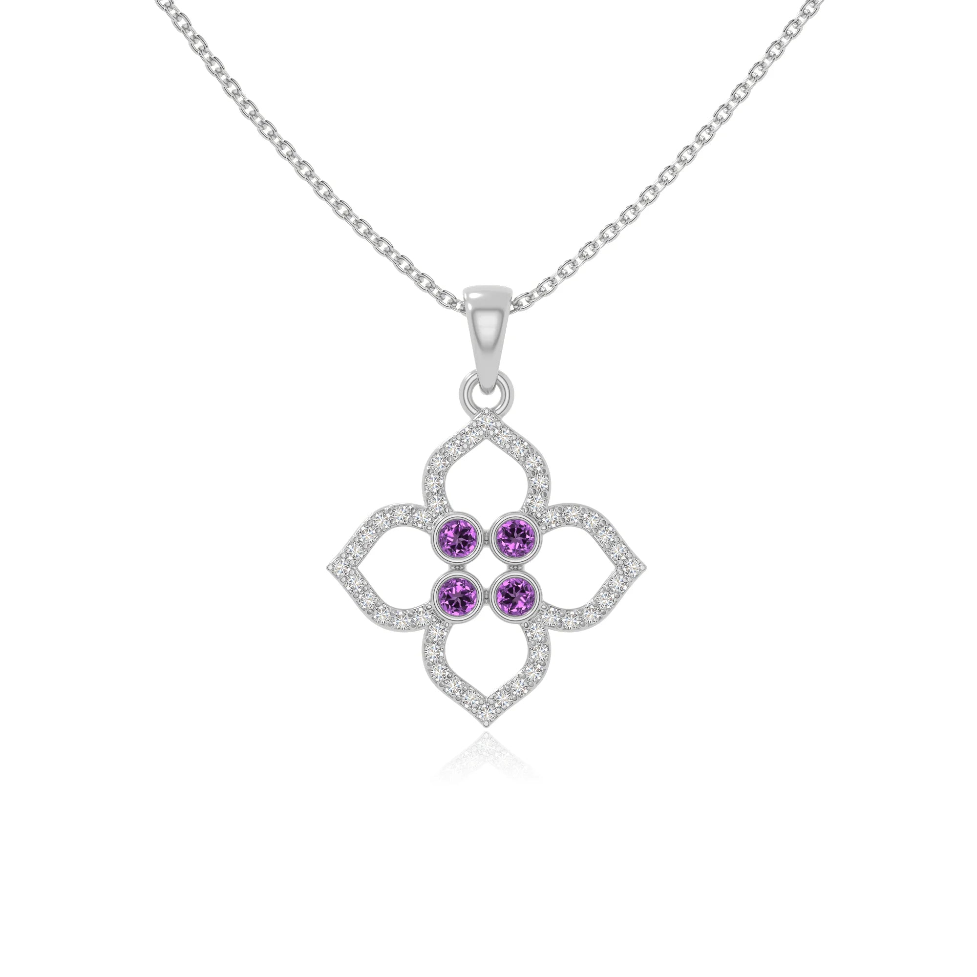 natural amethyst 4 petal flower necklaces in sterling silver 