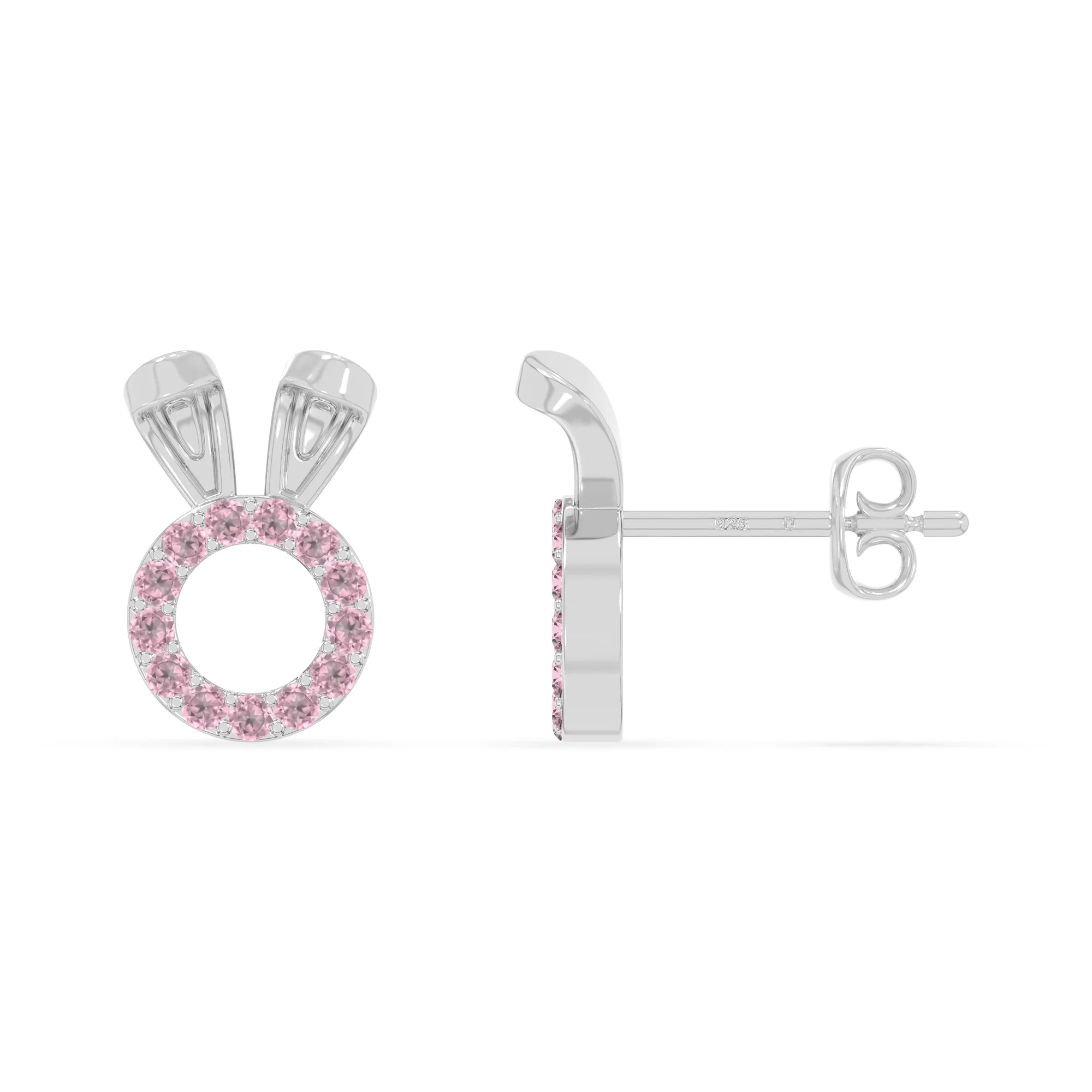 natural pink-tourmaline bunny-rabit stud earrings in sterling silver 