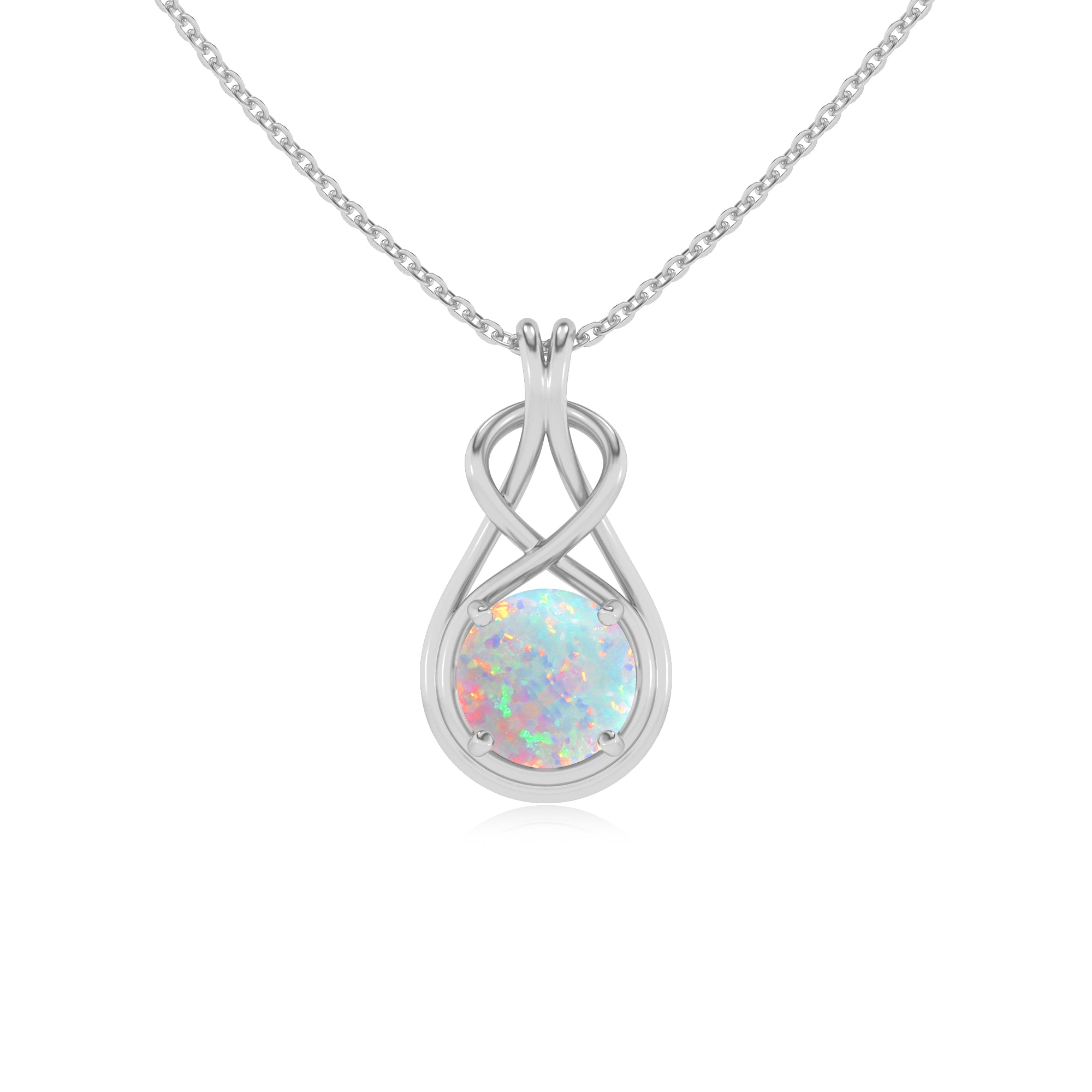 lab grown opal round shape solitaire infinity knot pendant necklace