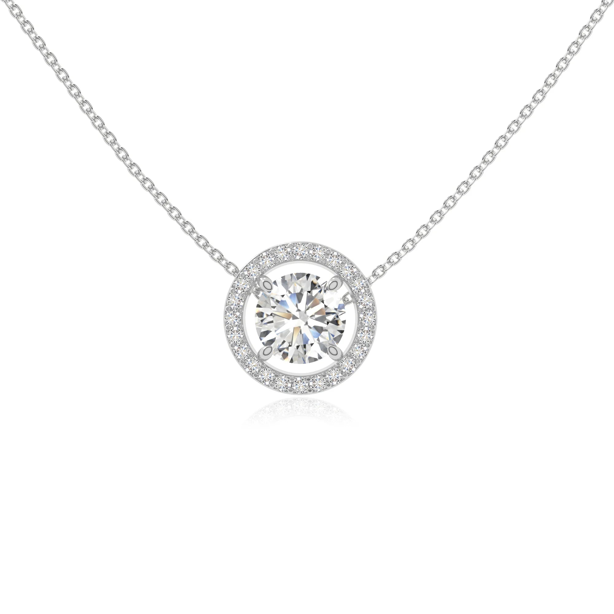 moissanite solitaire halo necklaces in sterling silver 