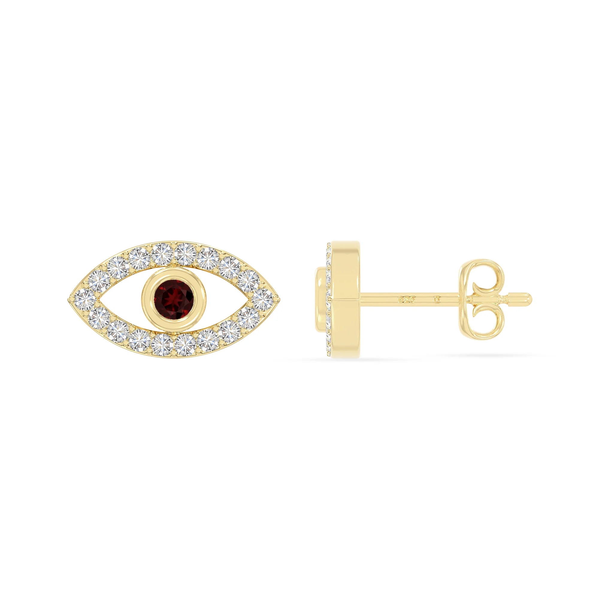 natural garnet evil eye stud earrings in yellow gold vermeil 