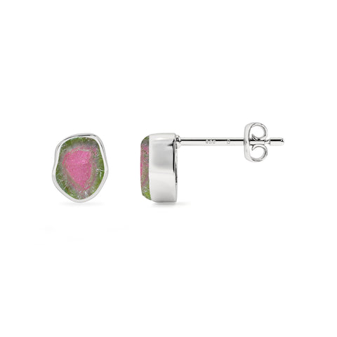 natural watermelon tourmaline rough shape stud earrings