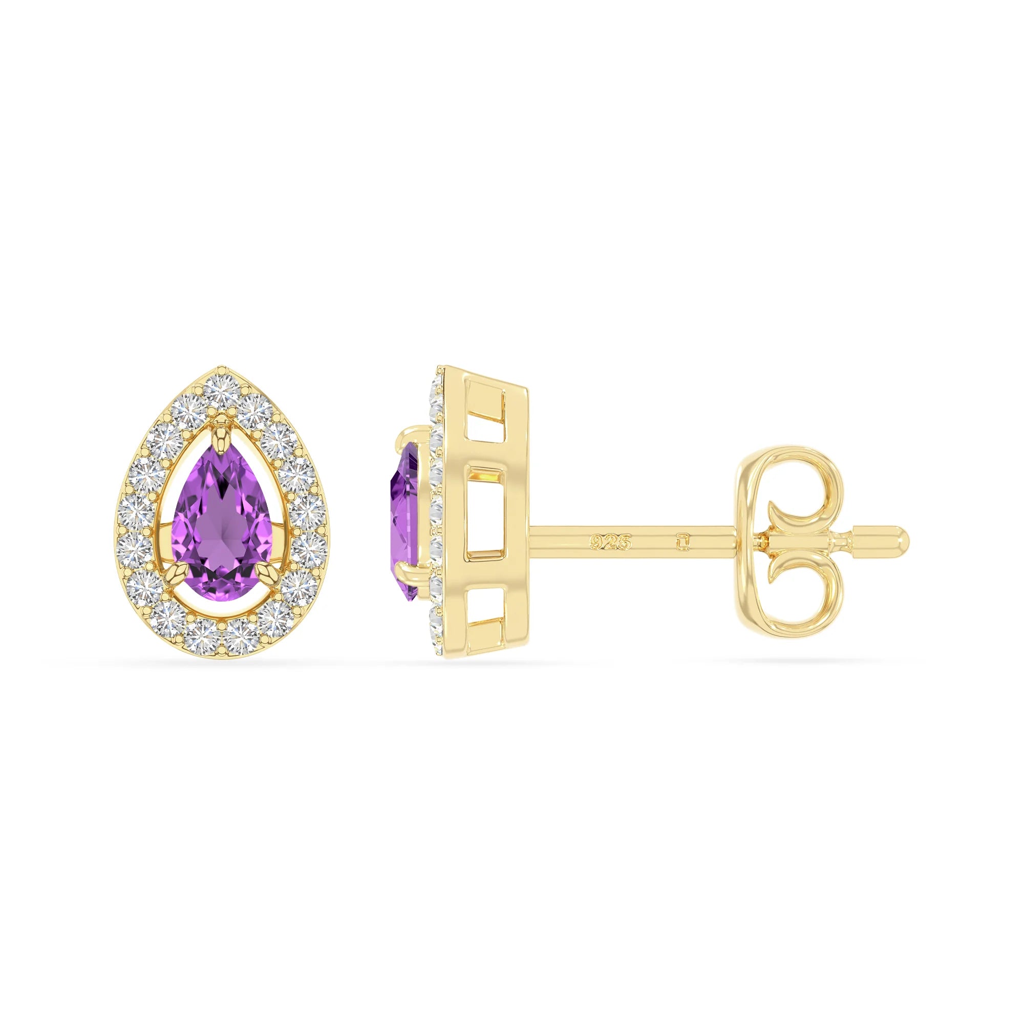 natural amethyst halo stud earrings in yellow gold vermeil 