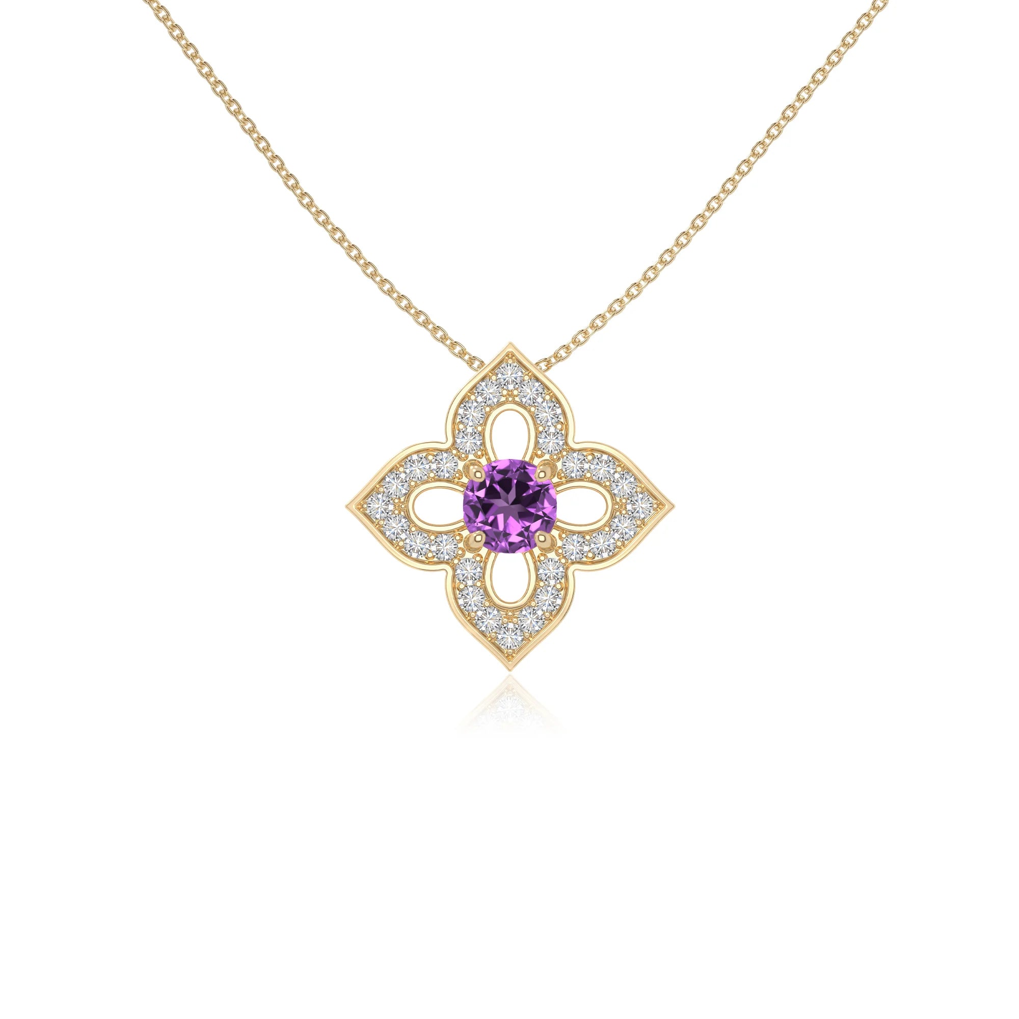 natural amethyst 4 petal flower necklaces in yellow gold vermeil 