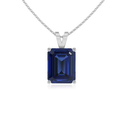 lab grown blue-sapphire emerald-cut shape solitaire v-bale pendant necklace