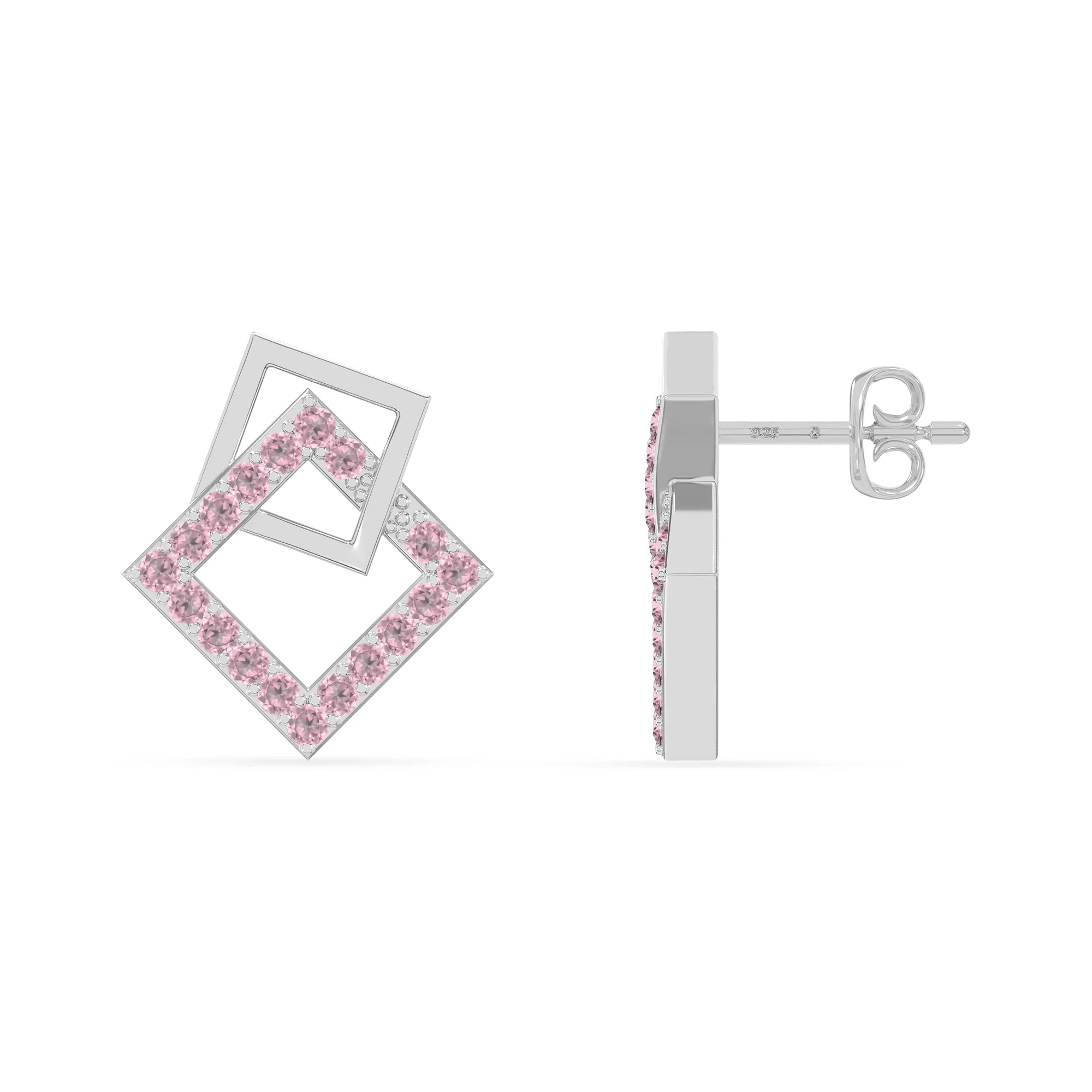 natural pink-tourmaline square stud earrings in sterling silver 