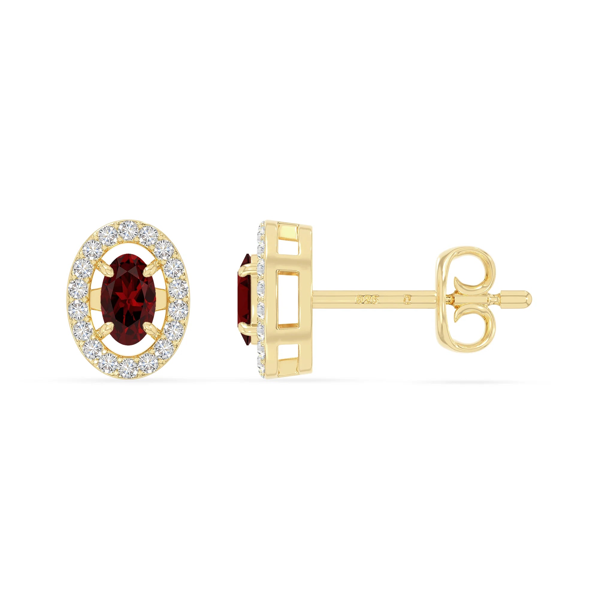 natural garnet halo stud earrings in yellow gold vermeil 