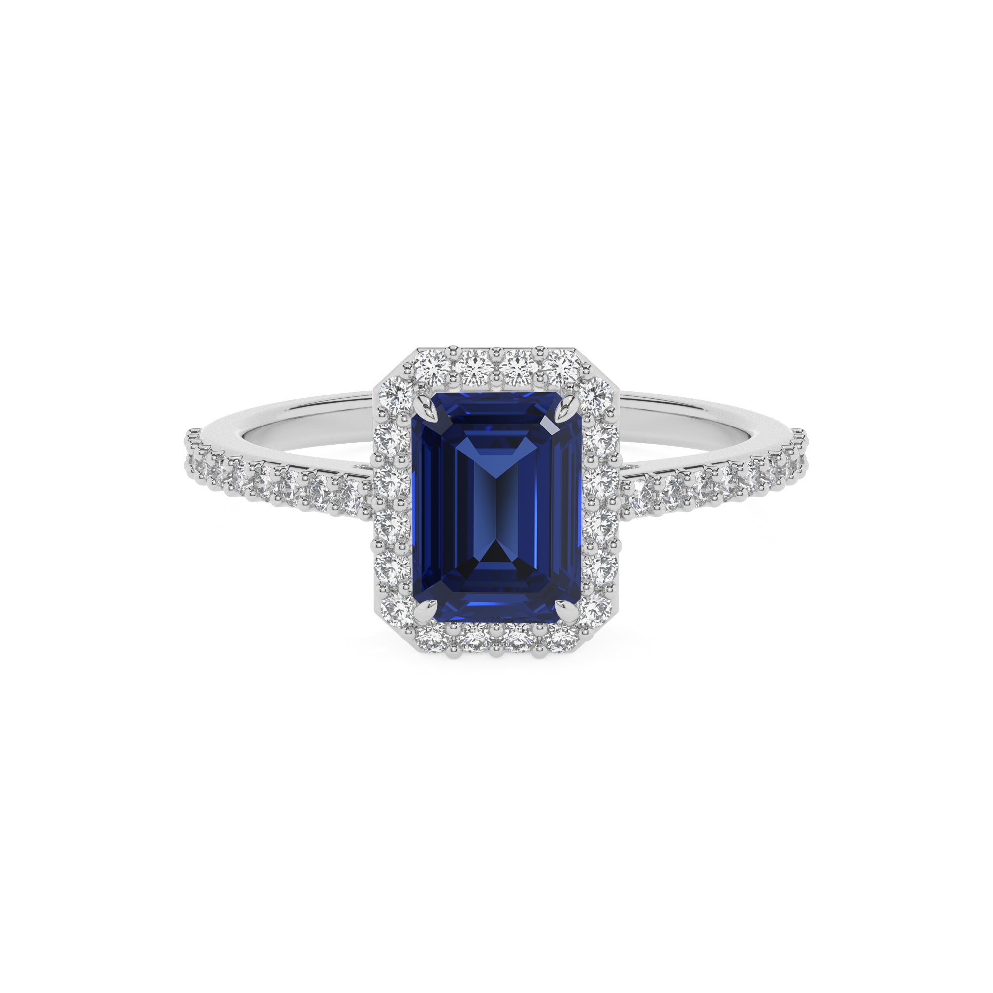 lab-grown blue-sapphire emerald half eterity halo solitaire engagement ring