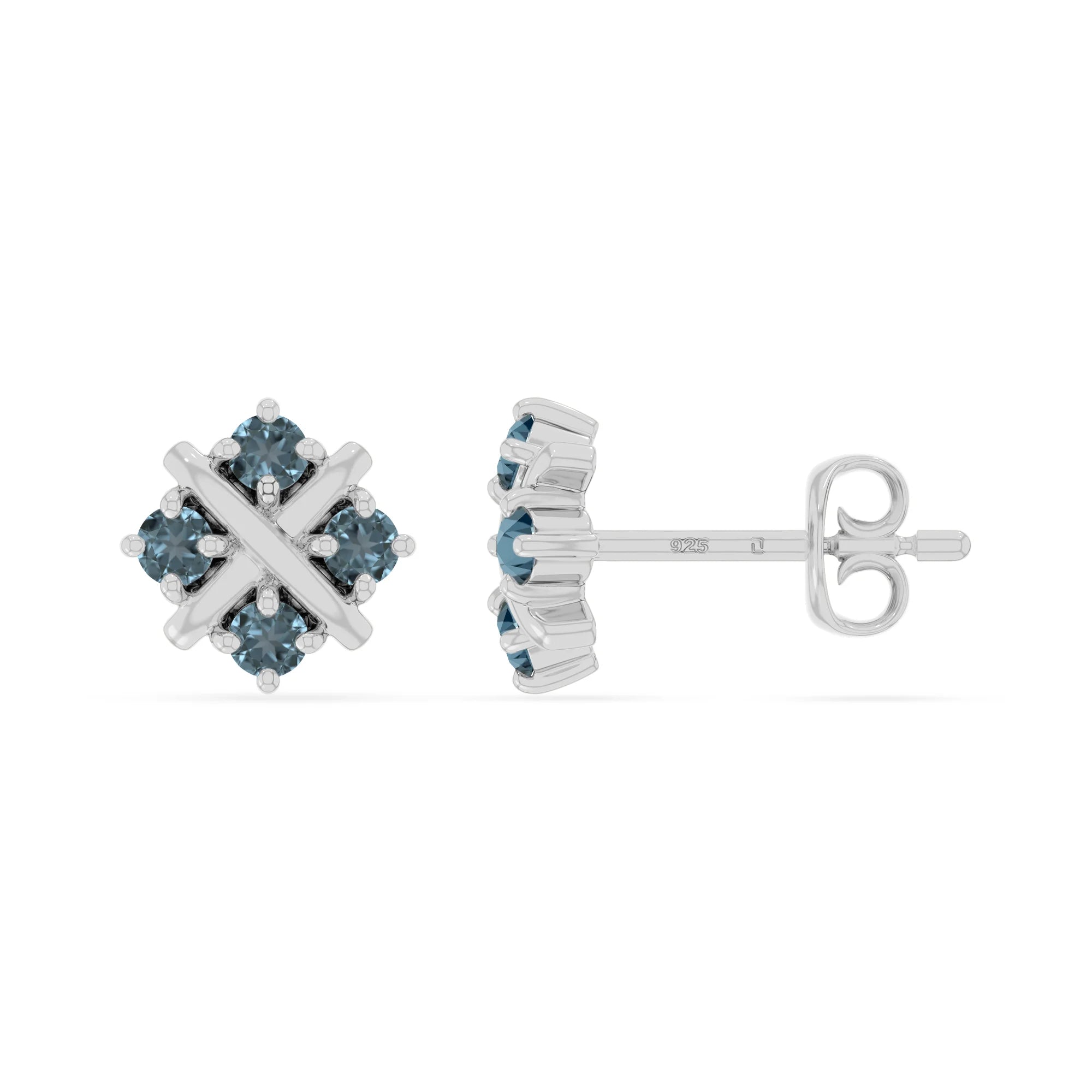 natural london-blue-topaz flower stud earrings in sterling silver 