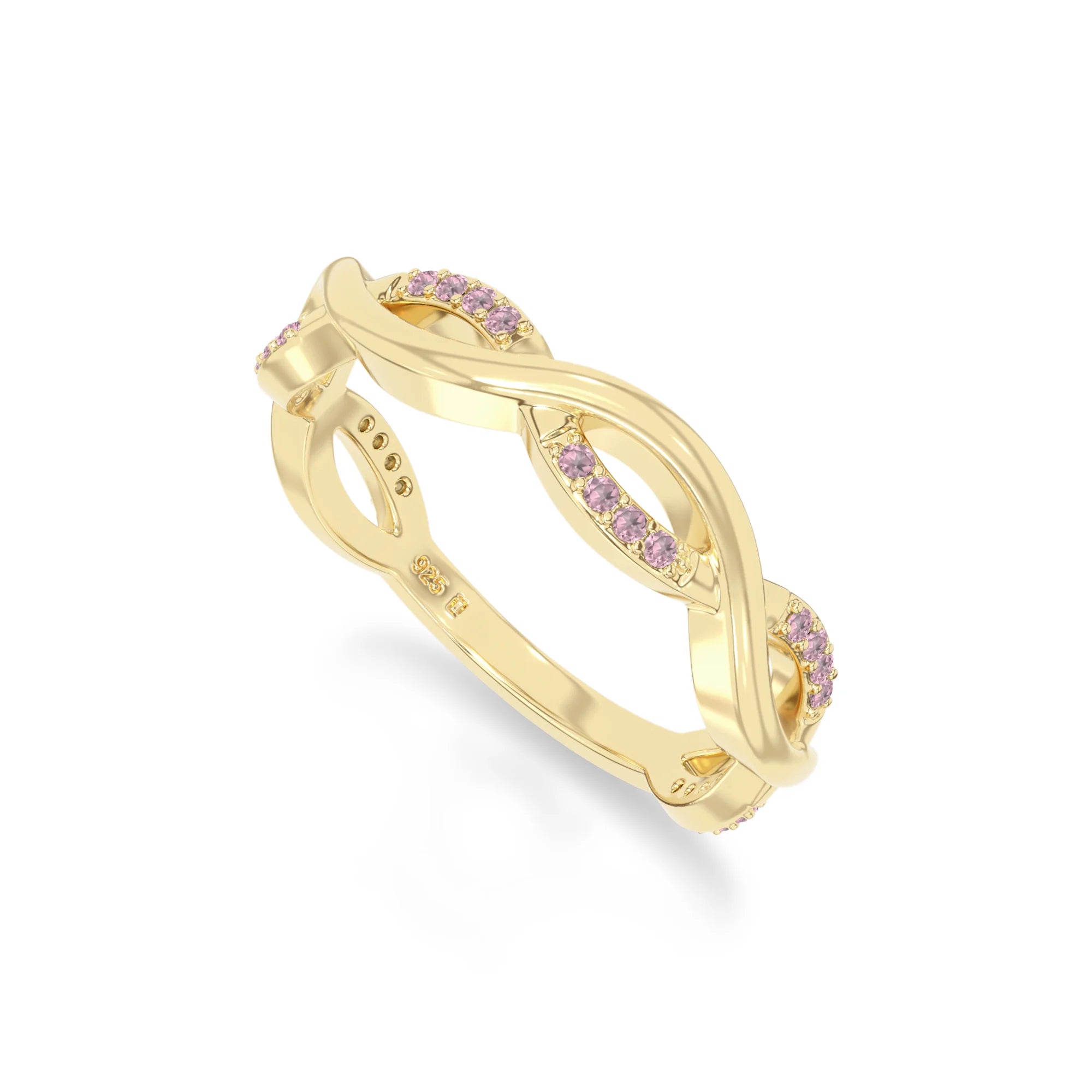 natural pink tourmaline twisted wedding band rings in yellow gold vermeil