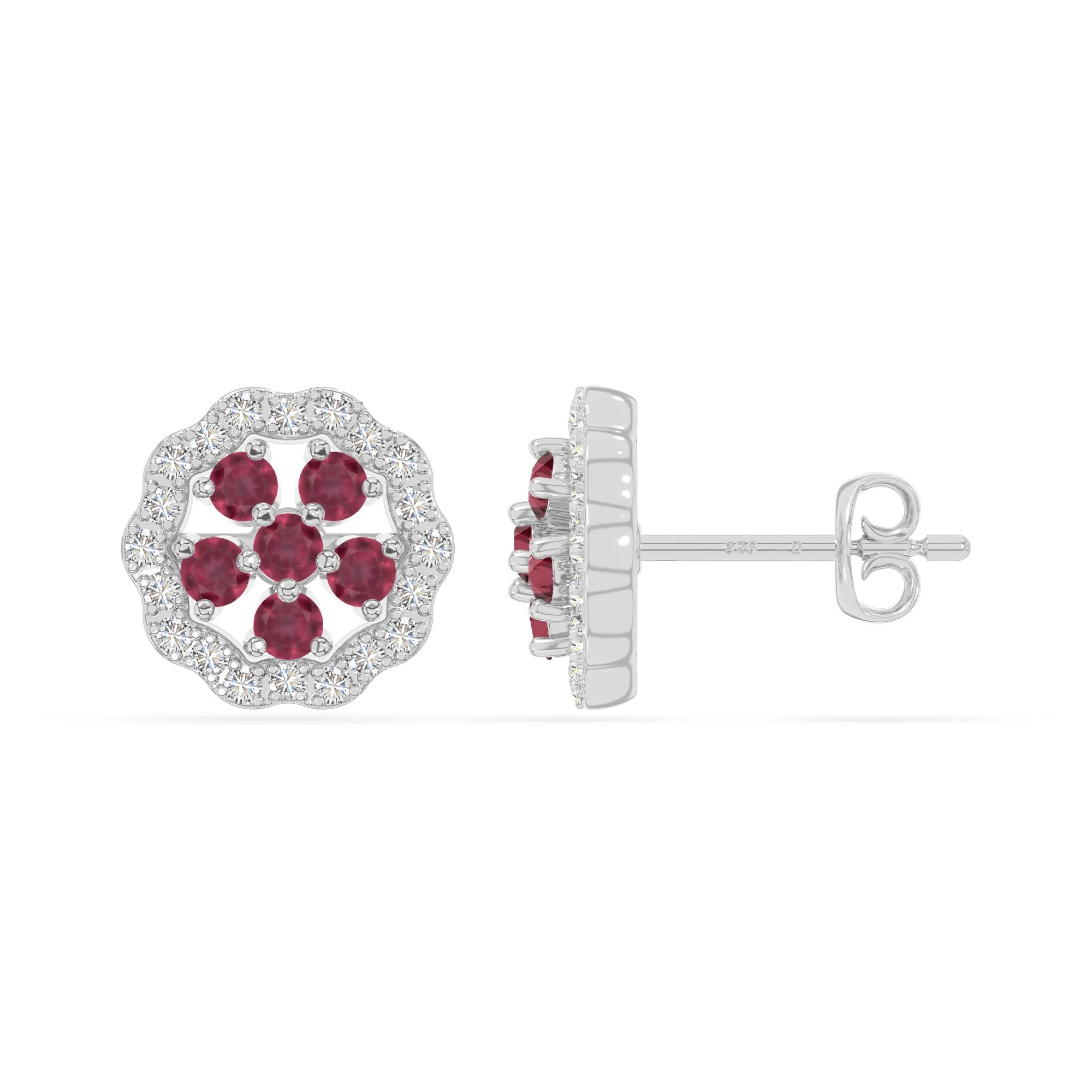 natural ruby flower stud earrings in sterling silver 