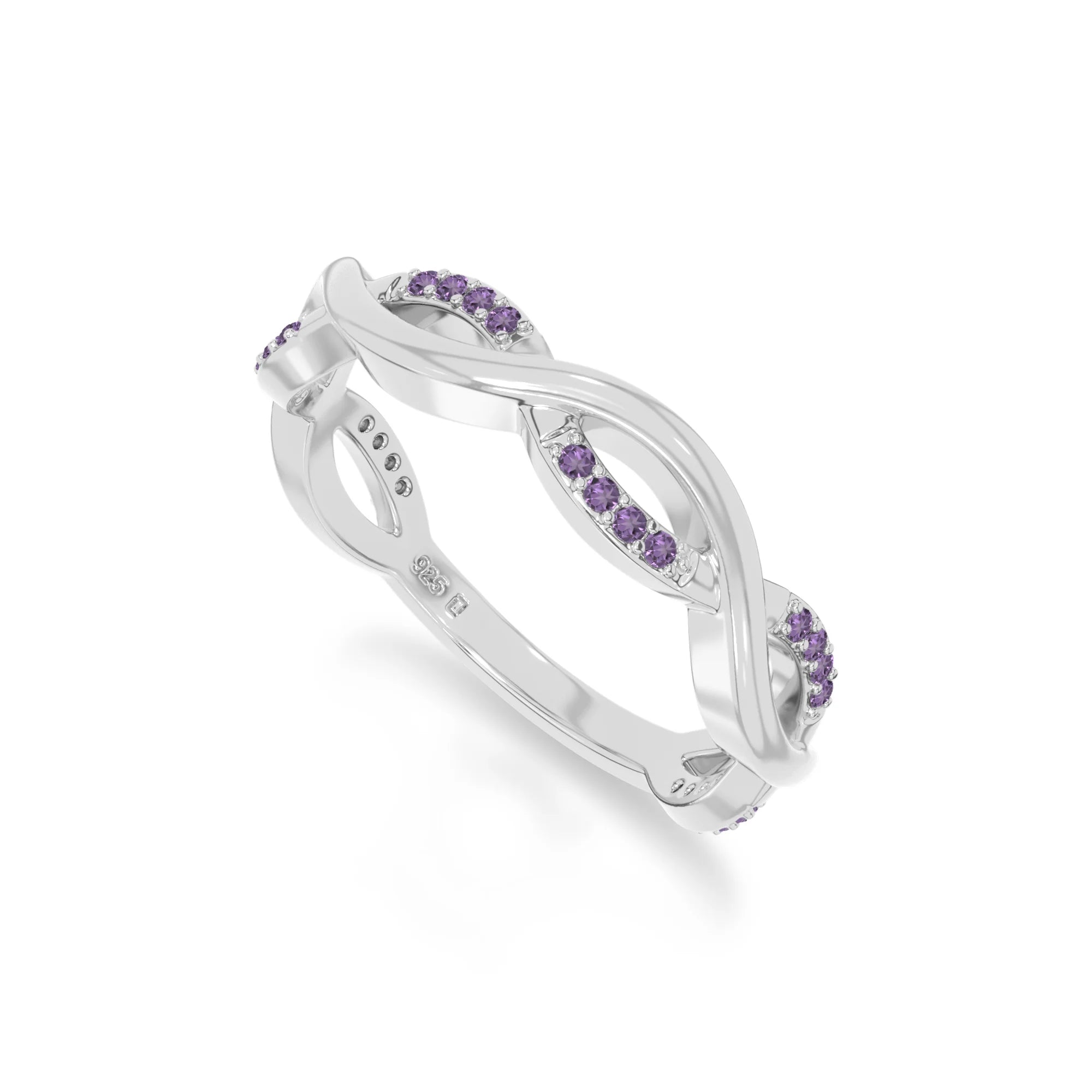 natural amethyst twisted wedding band rings in sterling silver 