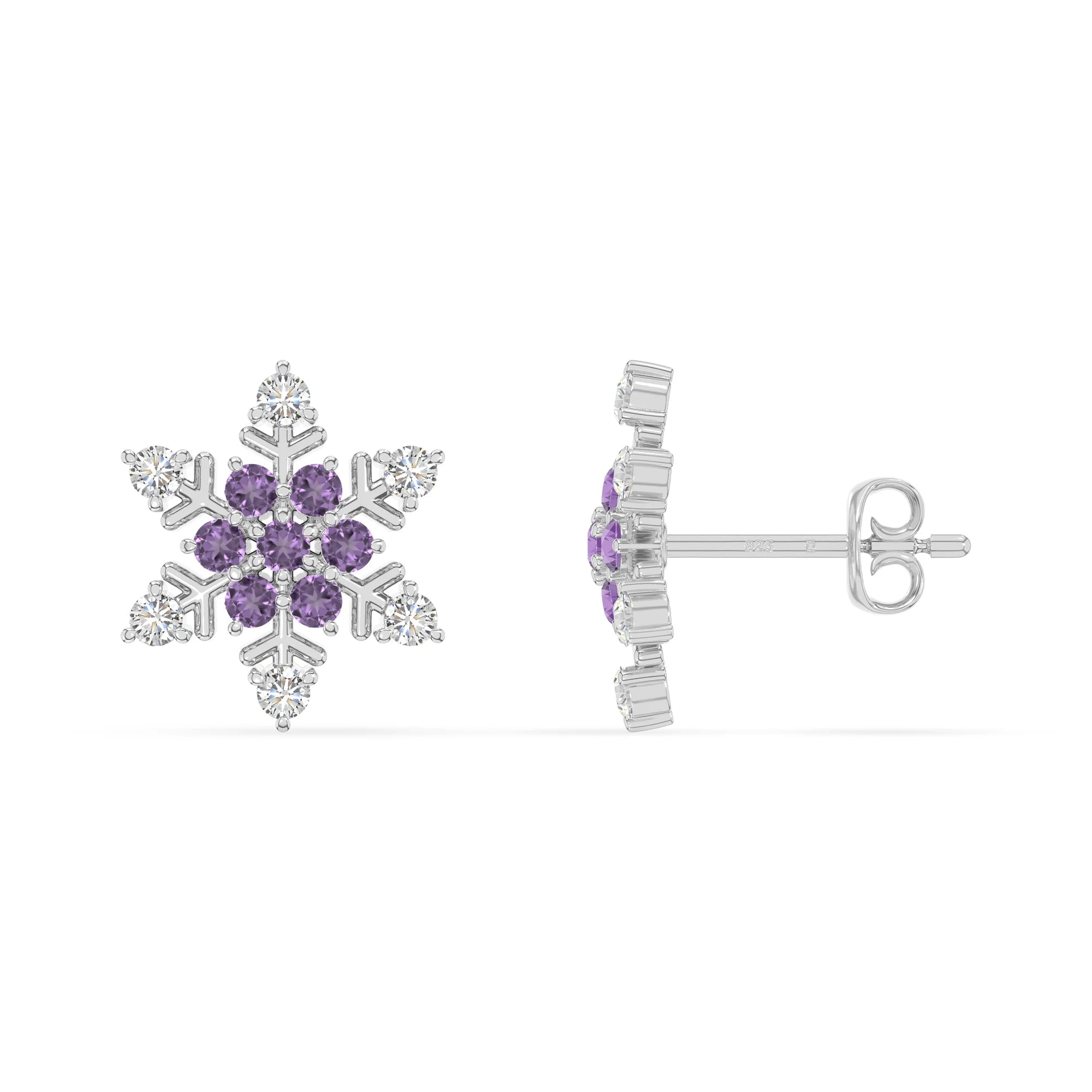 natural amethyst snowflake stud earrings in sterling silver 