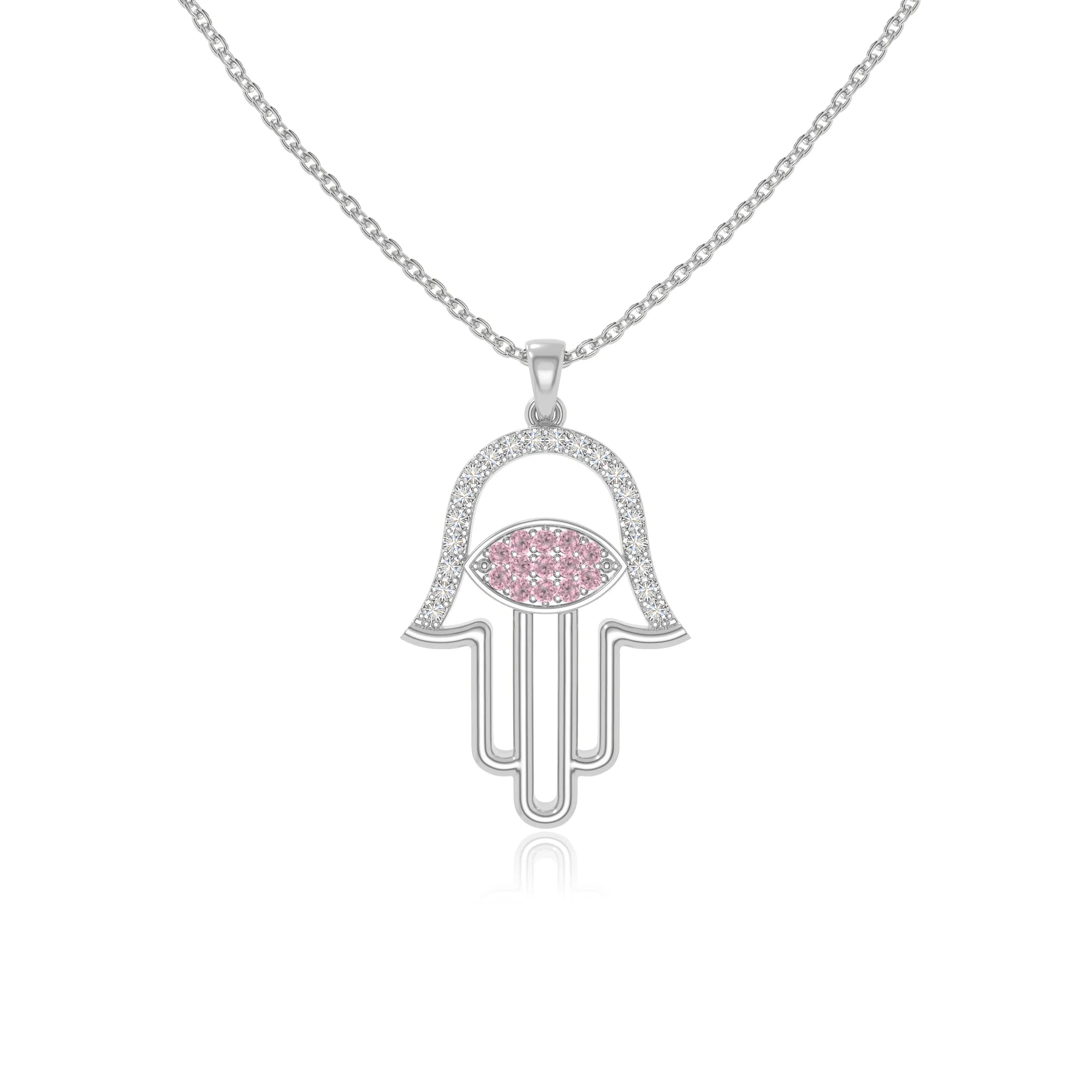 natural pink-tourmaline evil eye hamsa hand necklaces in sterling silver 