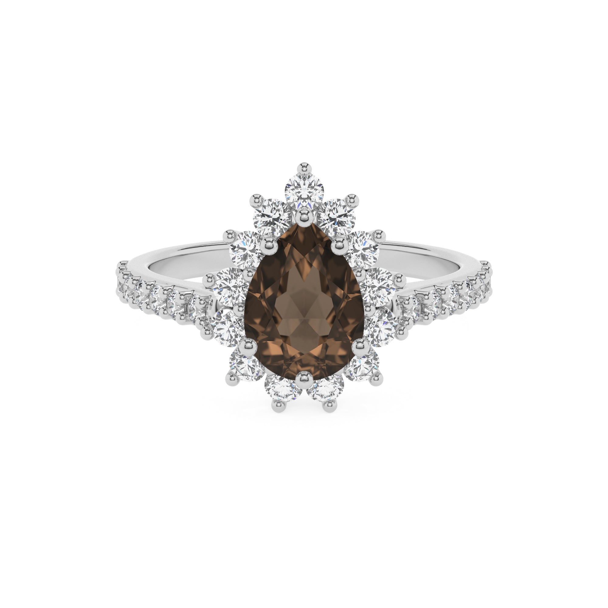 natural smoky-quartz pear half eterity halo solitaire engagement ring