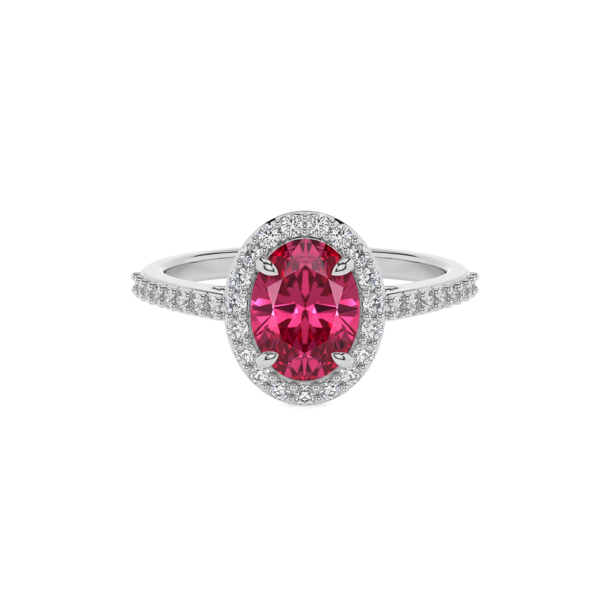 lab-grown pink-tourmaline oval half eterity halo solitaire engagement ring