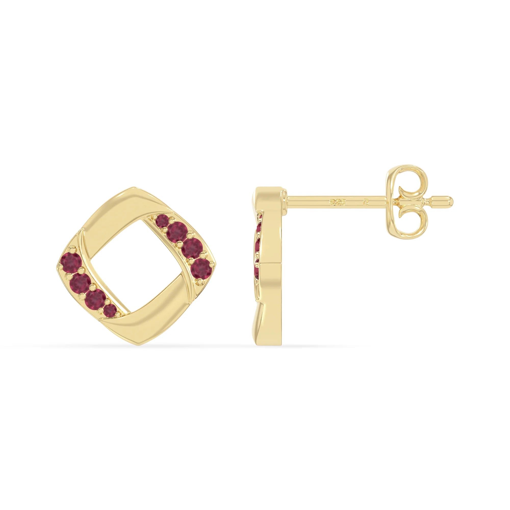 natural ruby square stud earrings in yellow gold vermeil 