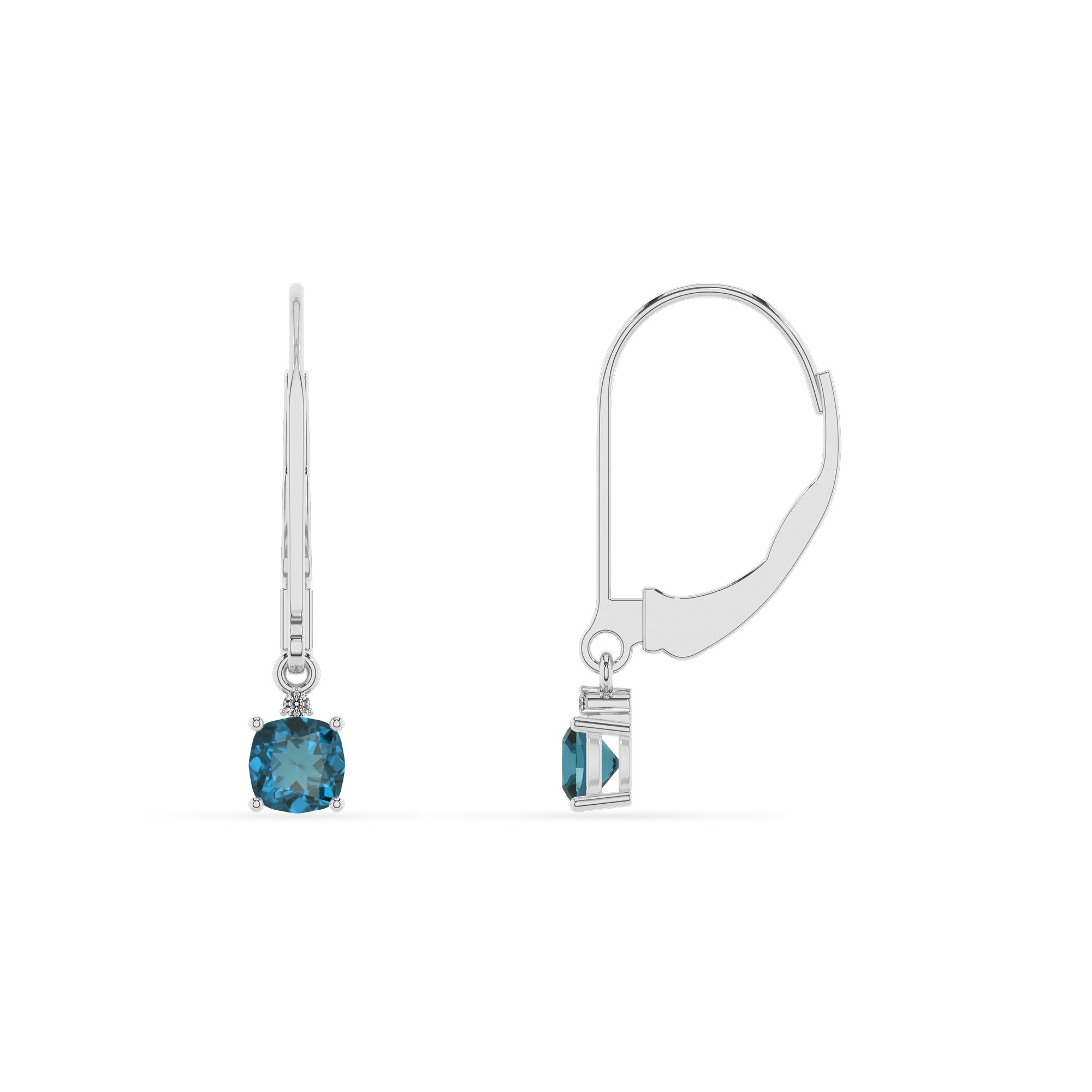 natural london blue topaz cushion dangle earrings with moissanite 