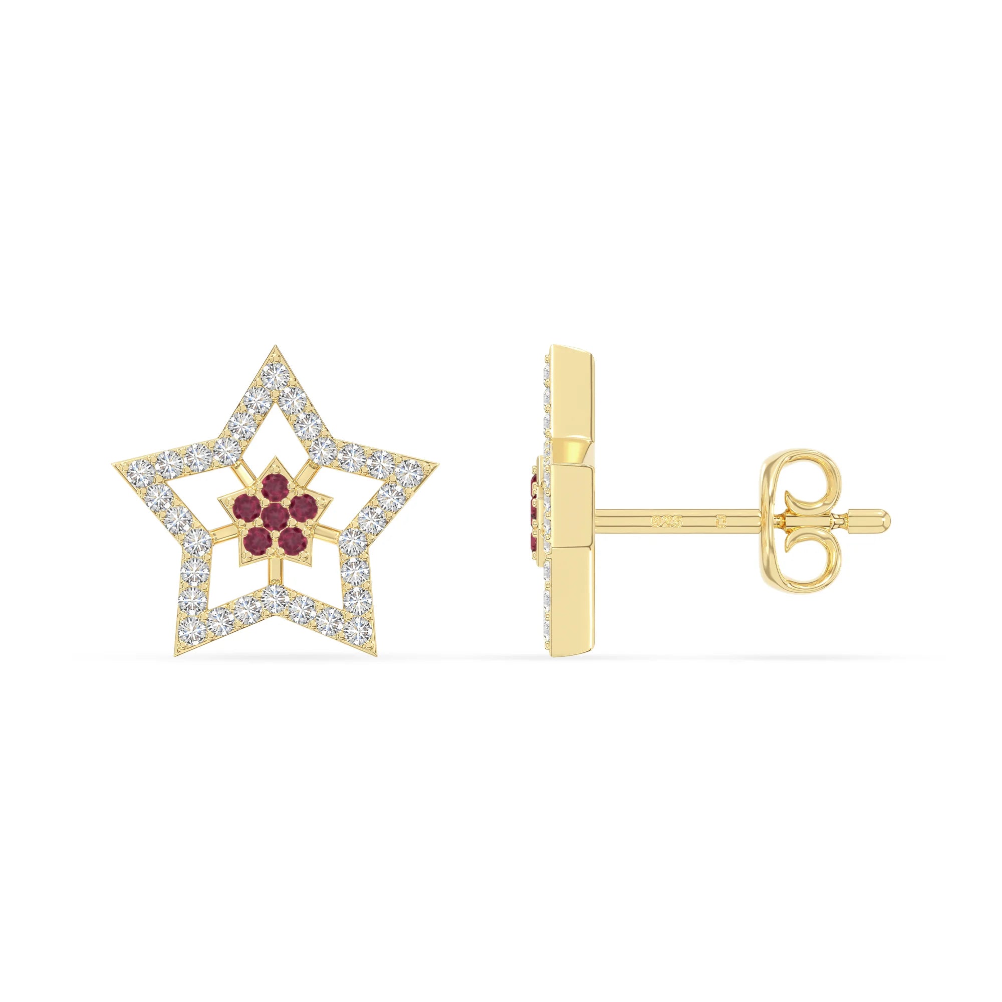natural ruby star stud earrings in yellow gold vermeil 