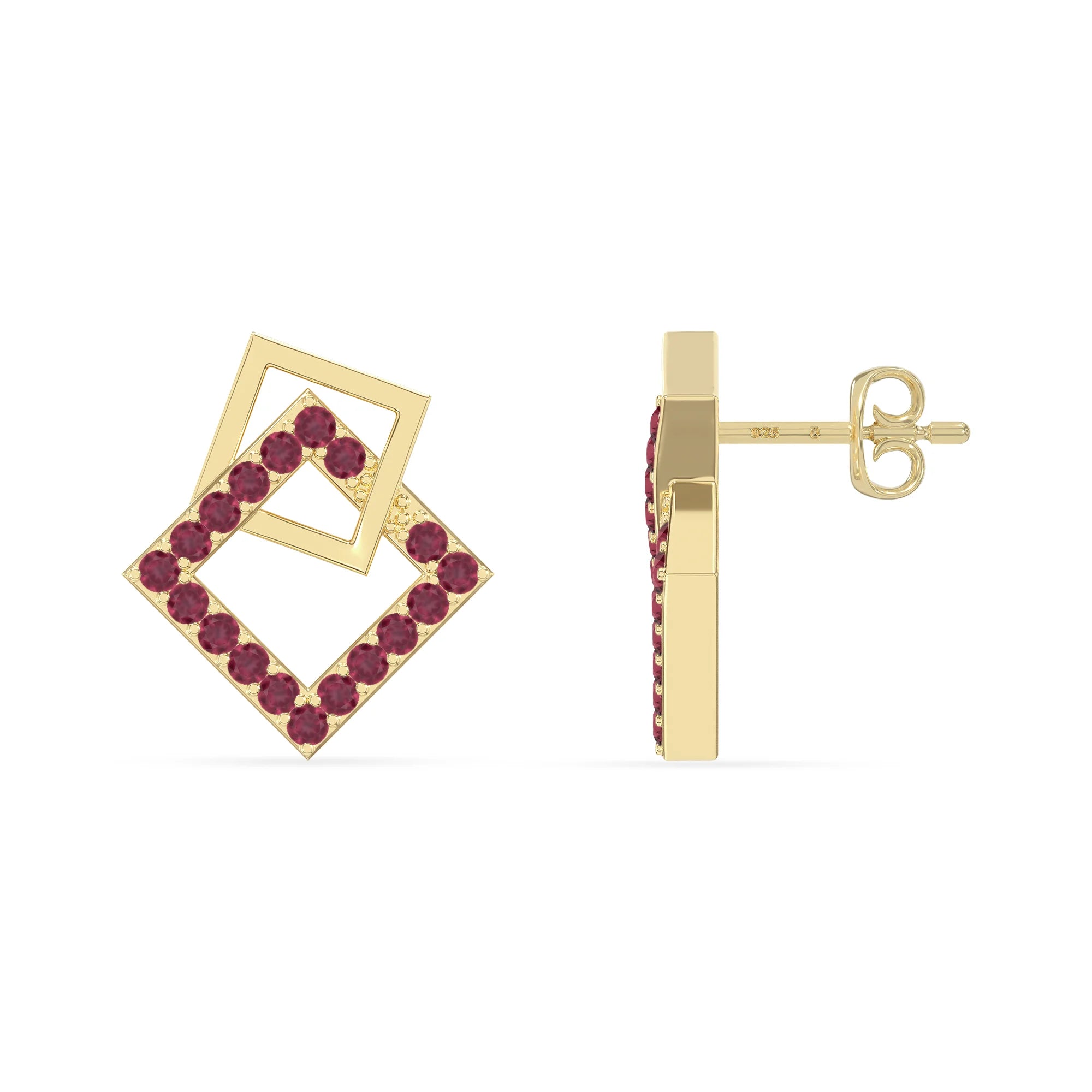 natural ruby square stud earrings in yellow gold vermeil 