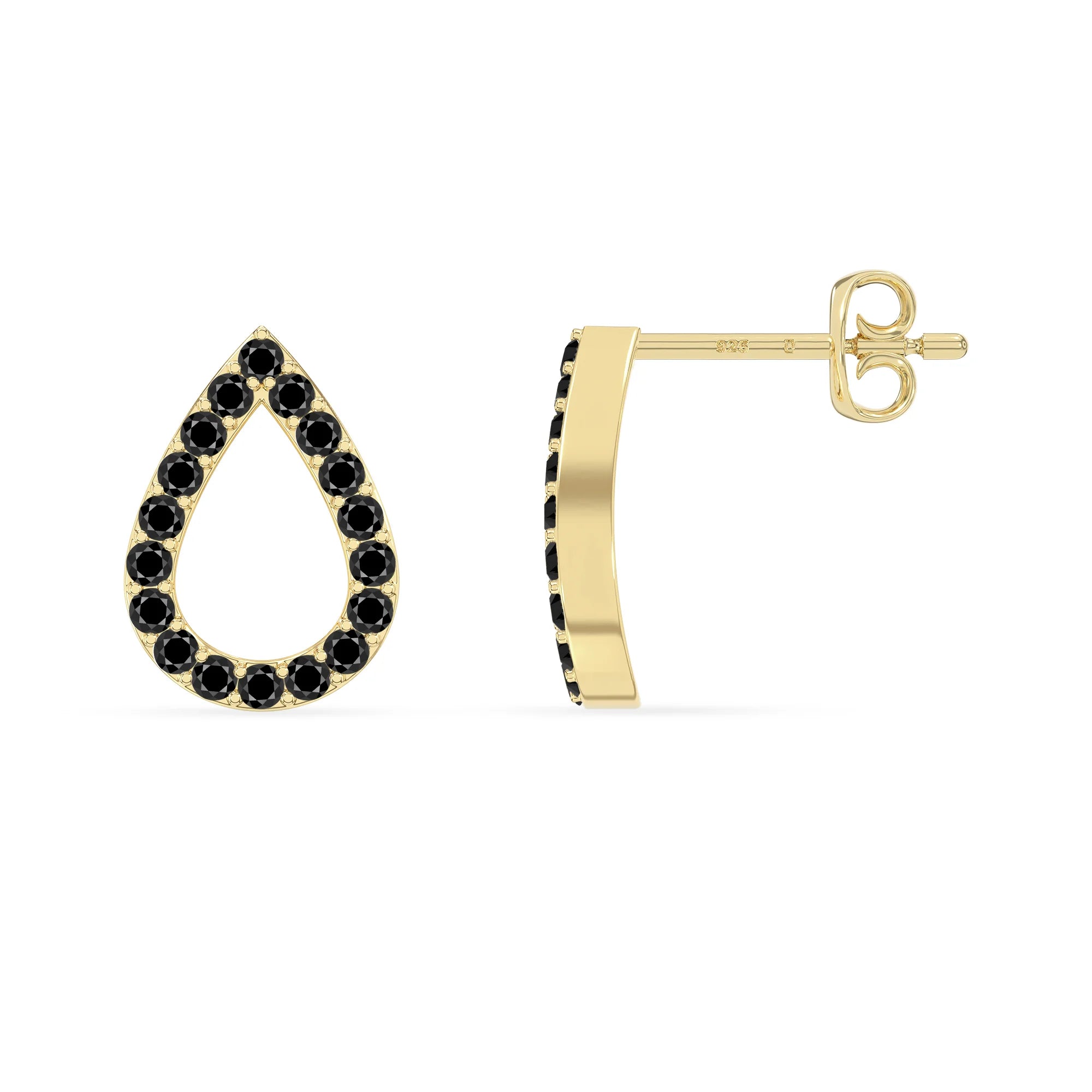 natural black-onyx teardrop stud earrings in yellow gold vermeil 