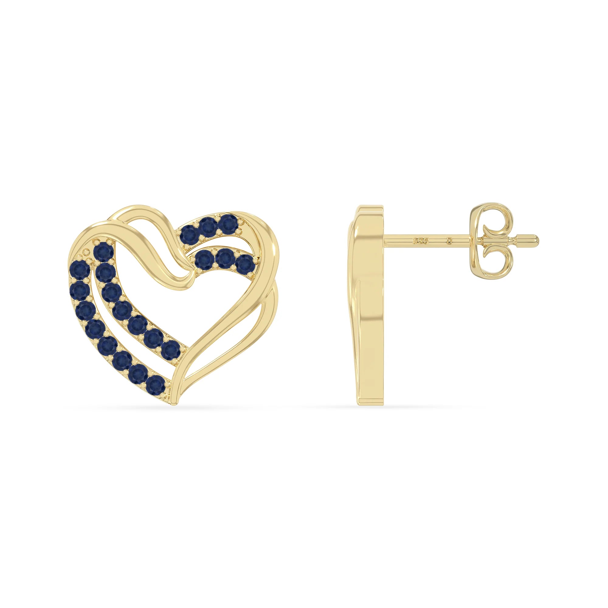 natural blue-sapphire heart-in-heart stud earrings in yellow gold vermeil 