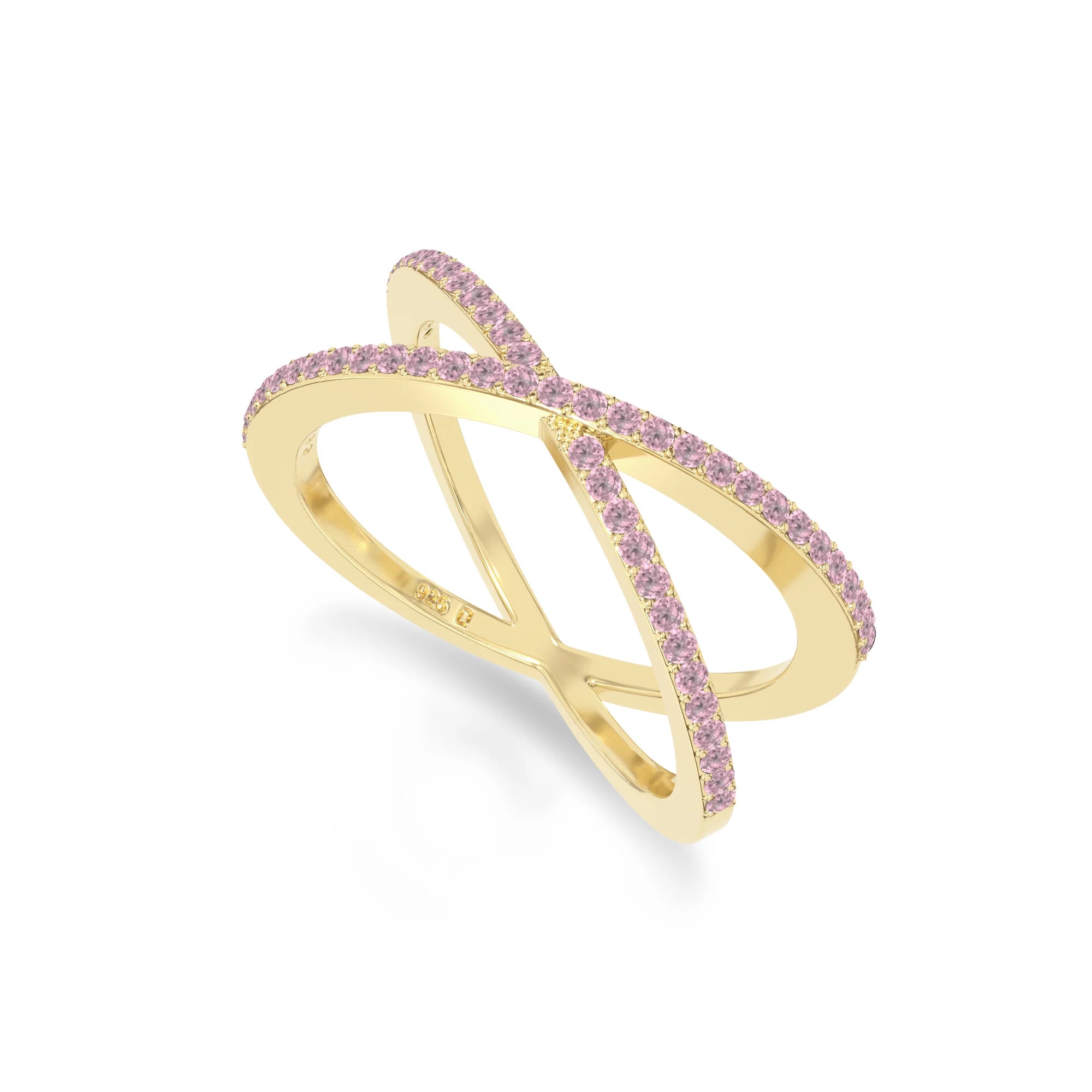 natural pink tourmaline criss cross band rings in yellow gold vermeil