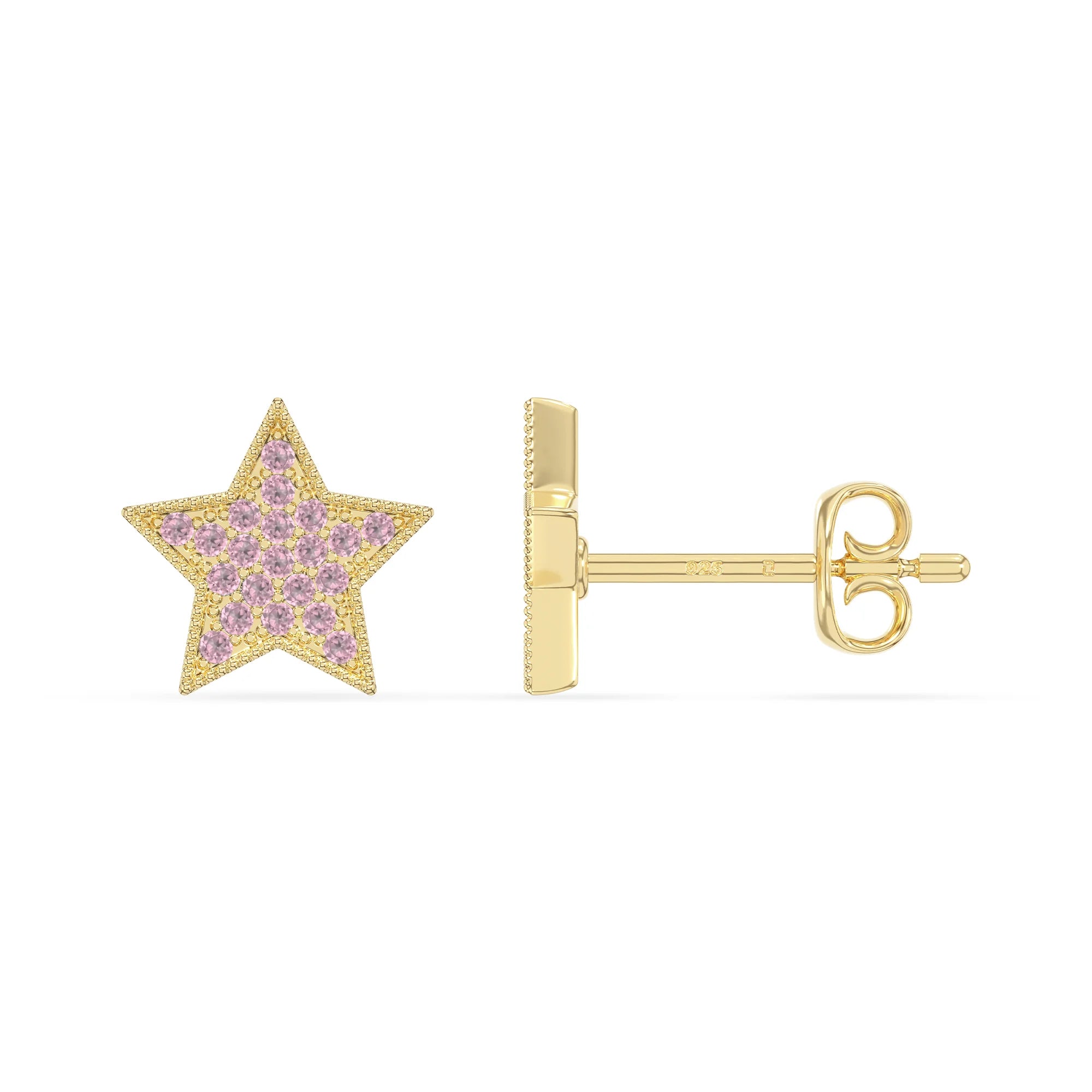 natural pink-tourmaline star stud earrings in yellow gold vermeil 